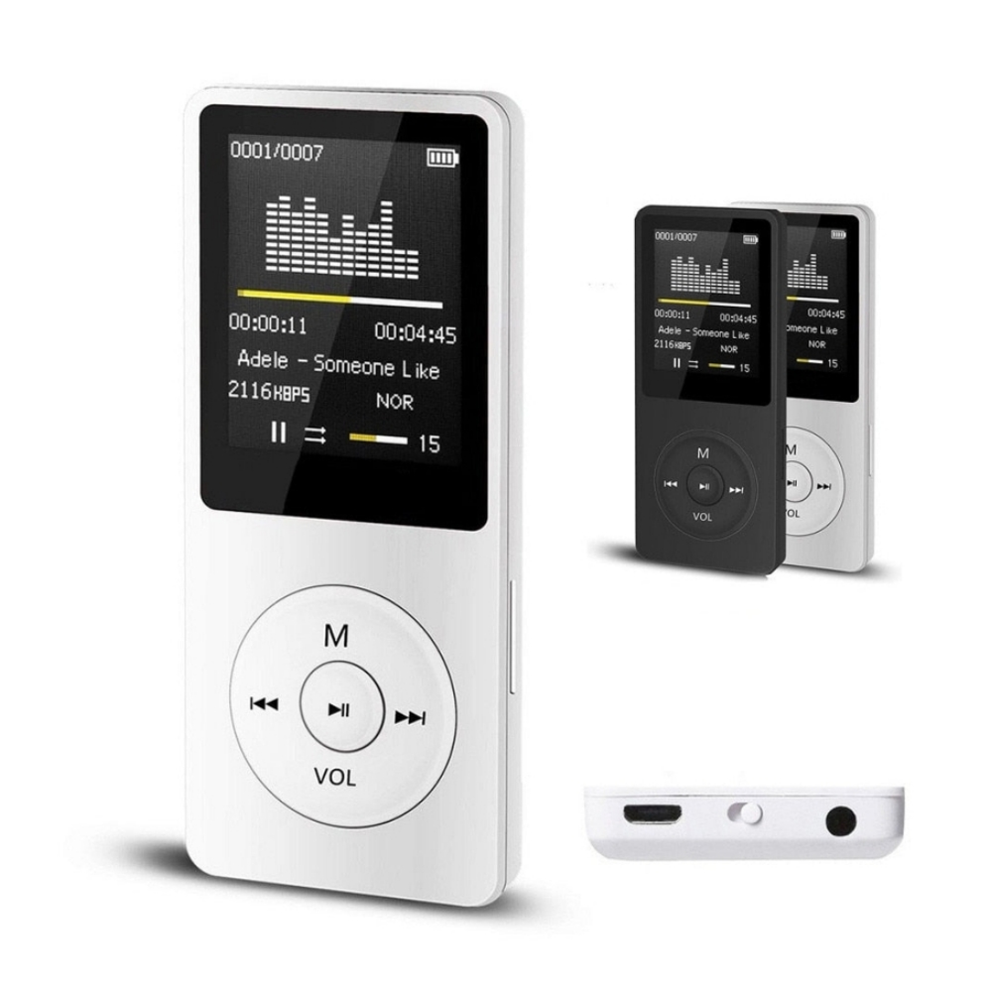 Ein weißer und ein schwarzer MP3-Player mit Bildschirm und Bedienelementen.