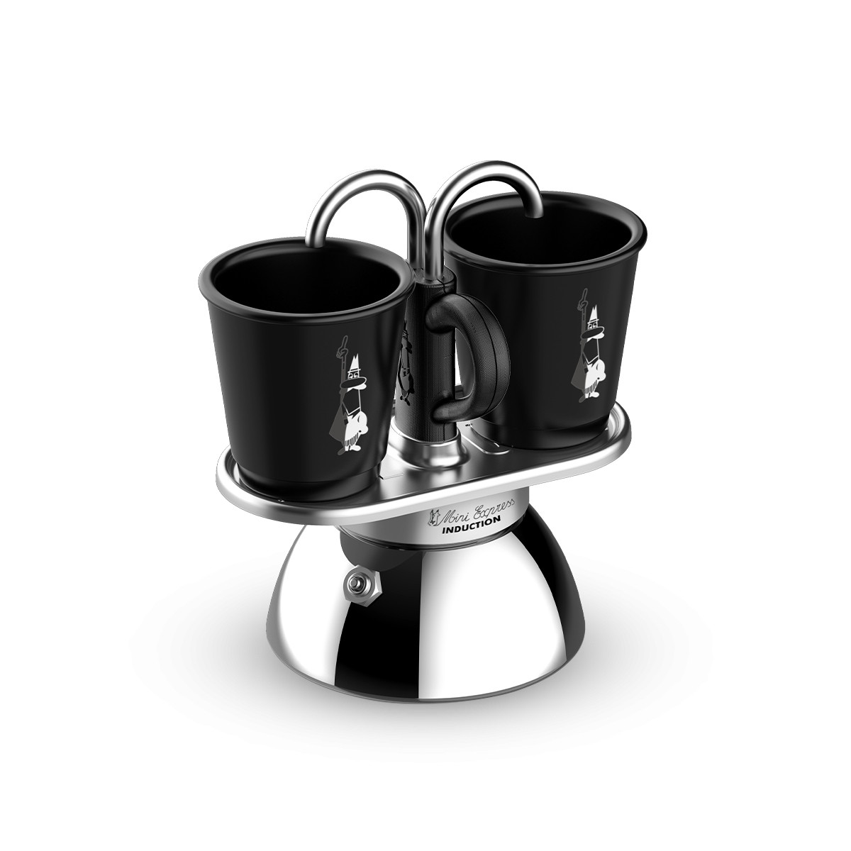 Una caffettiera Bialetti Moka Express Induction nera con due tazze.