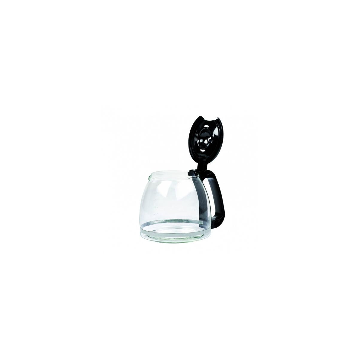 Caraffa in vetro per caffettiera con manico nero e coperchio aperto.