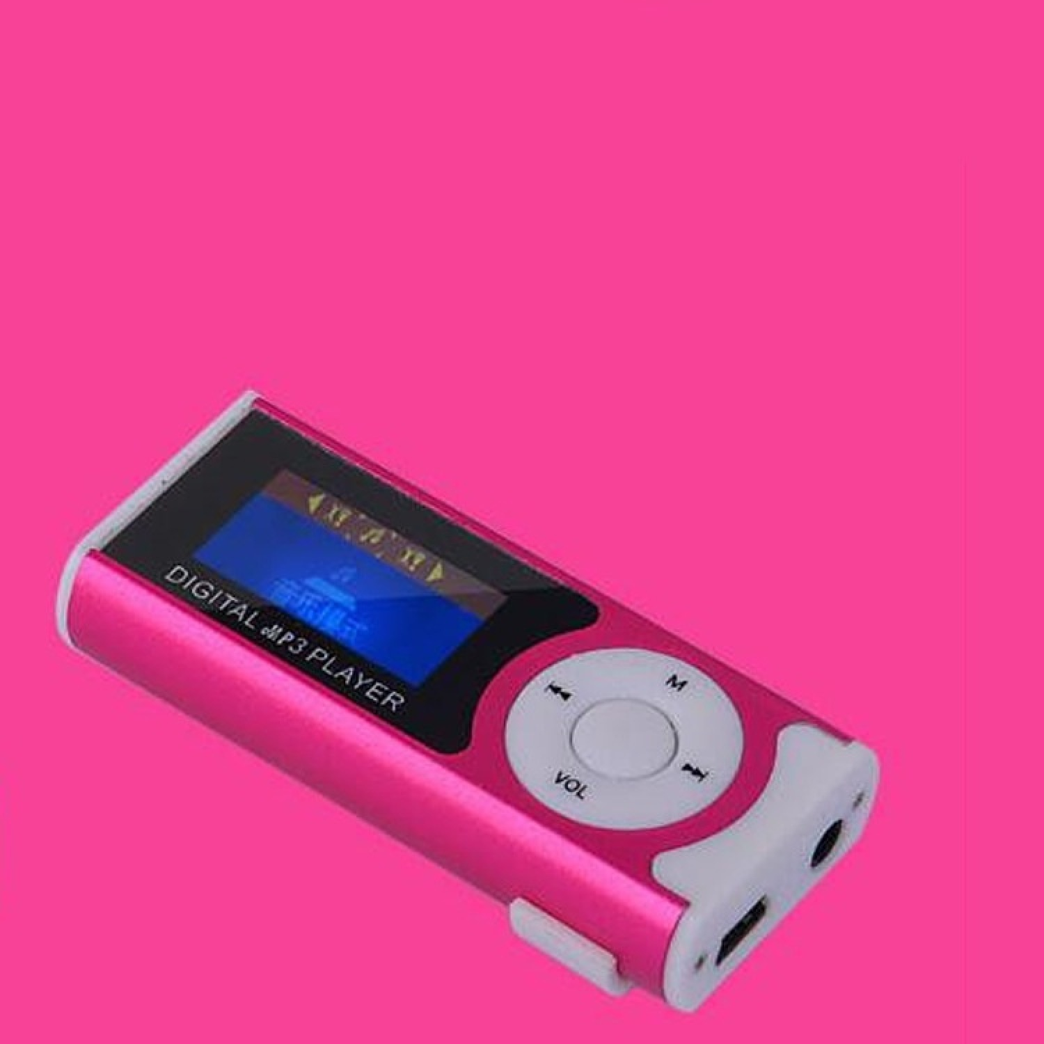 Ein rosafarbener MP3-Player mit Display und Bedienelementen auf pinkem Hintergrund.