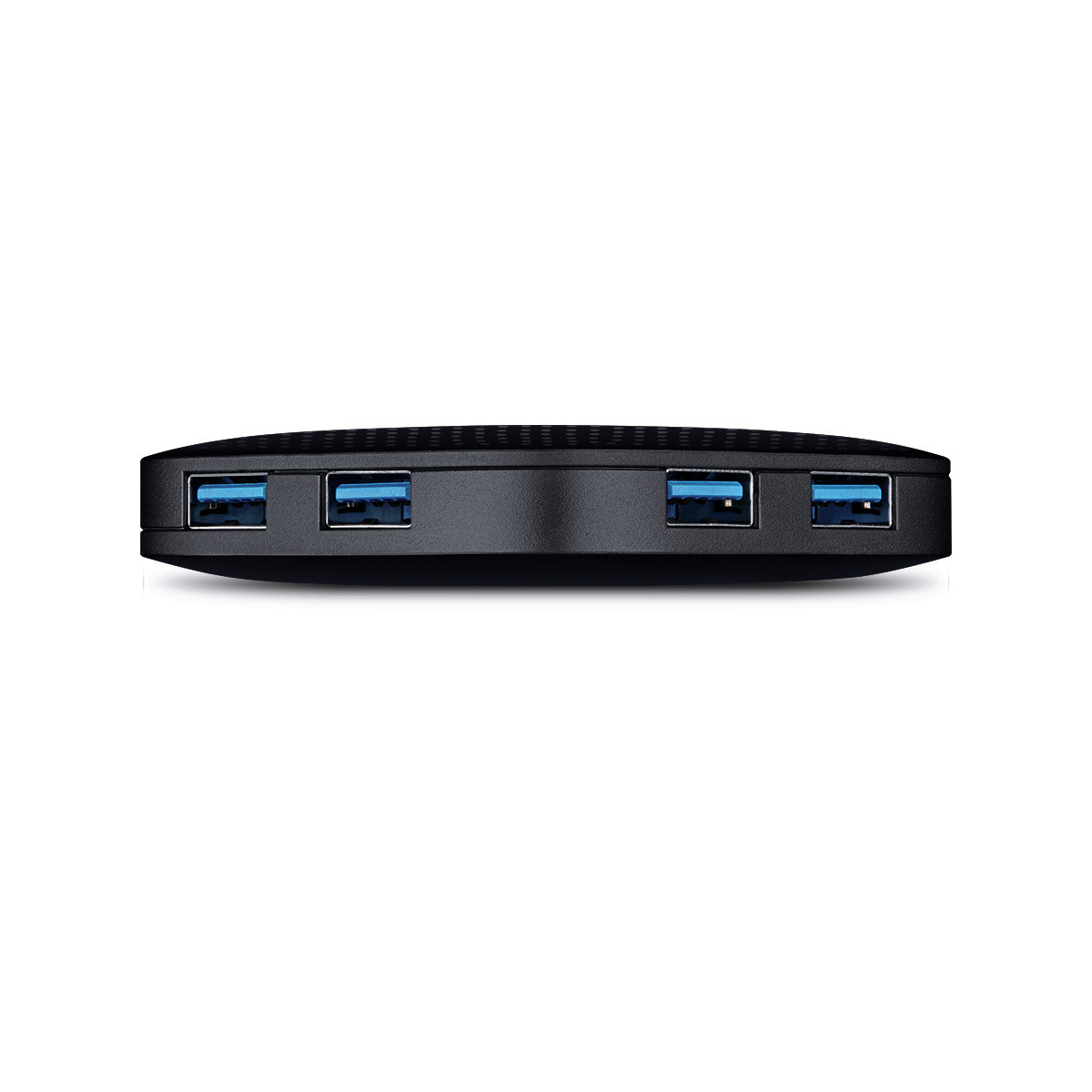 Hub USB nero con quattro porte blu su sfondo bianco.