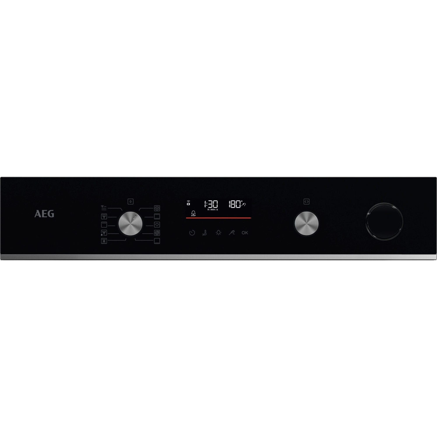 Pannello di controllo forno AEG nero con display digitale e manopole.