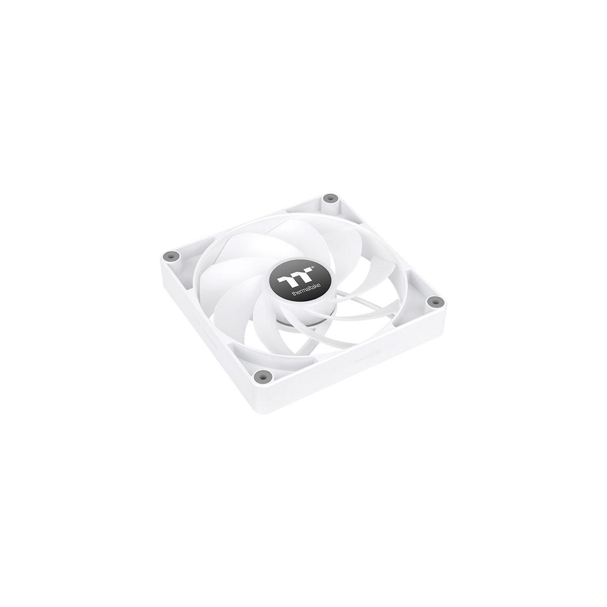 Un ventilador de computadora blanco con el logo de Thermaltake en el centro.