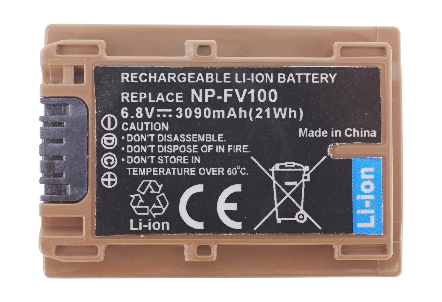 Brauner Akku mit schwarzem Etikett, der Informationen wie 6,8V, 3090mAh und "Made in China" auflistet.