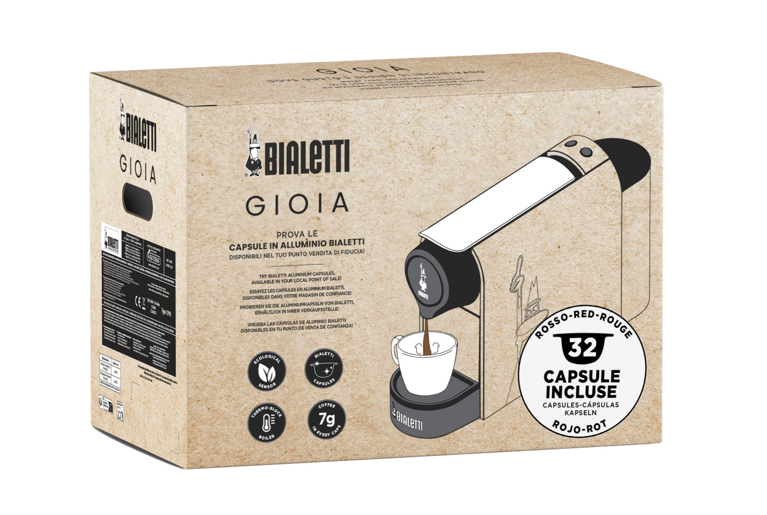 Confezione macchina caffè Bialetti con preparazione e conteggio capsule.