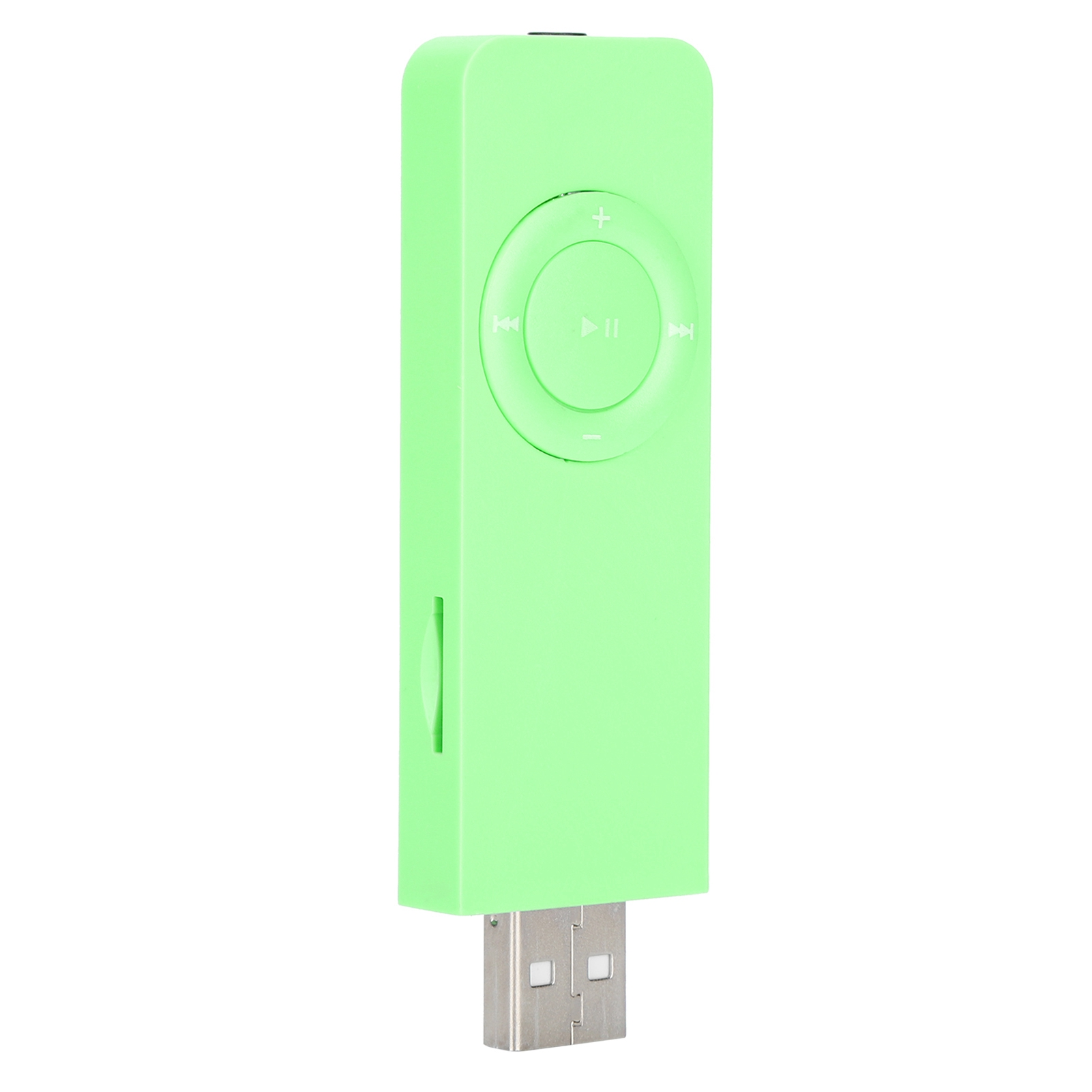 Ein hellgrüner MP3-Player mit USB-Anschluss und Steuerungstasten.