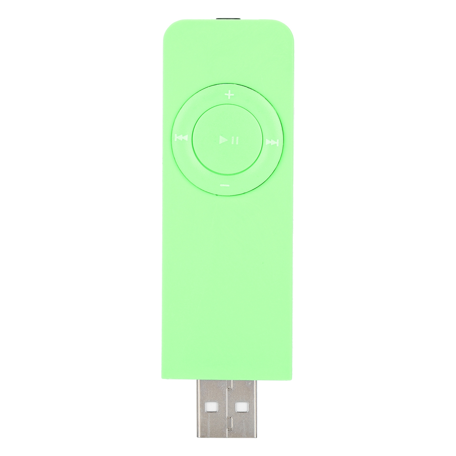 Ein hellgrüner USB-Stick mit Steuerungstasten, Play/Pause, Vor-/Zurück-Buttons.