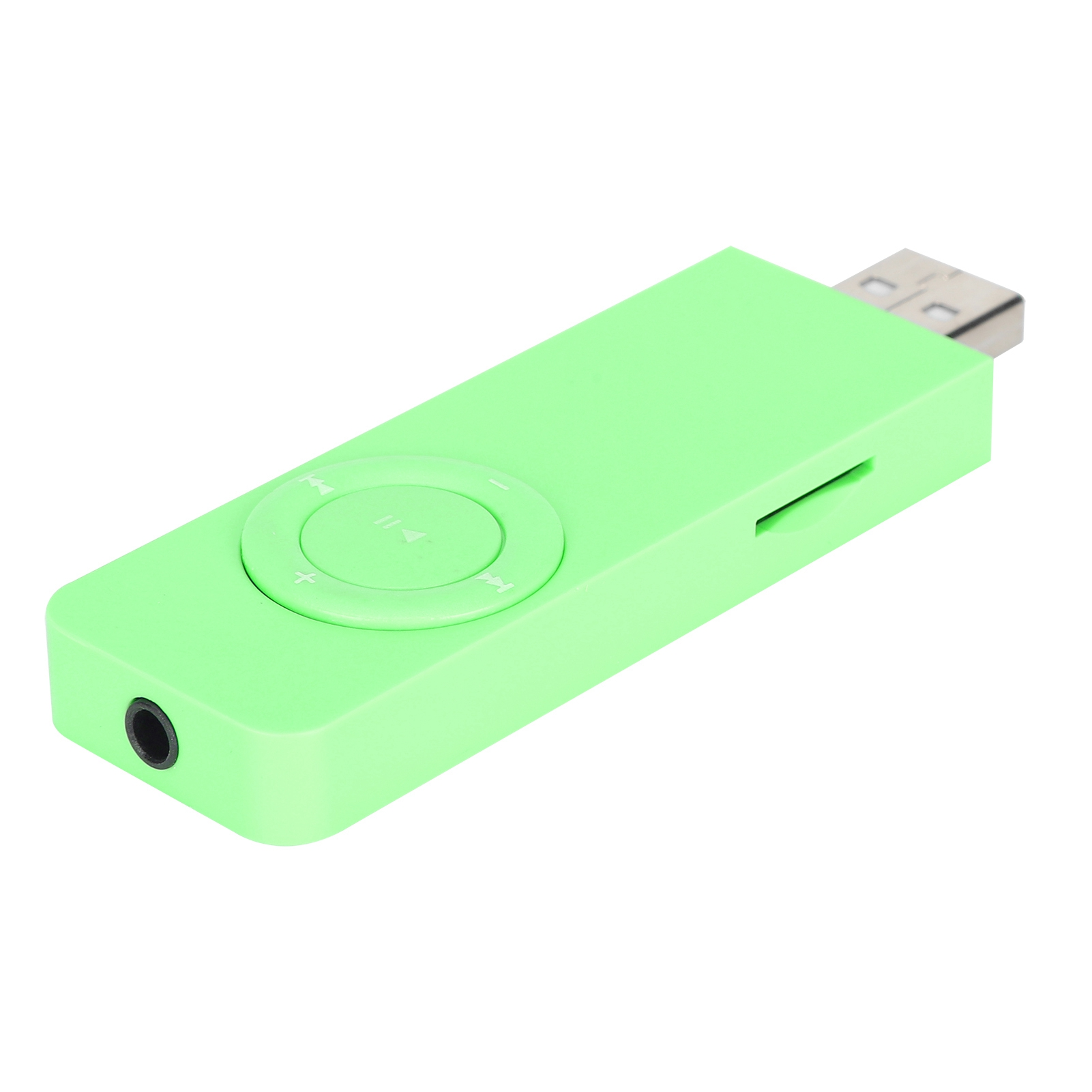 Ein hellgrüner USB-MP3-Player mit Kopfhöreranschluss und SD-Kartensteckplatz.