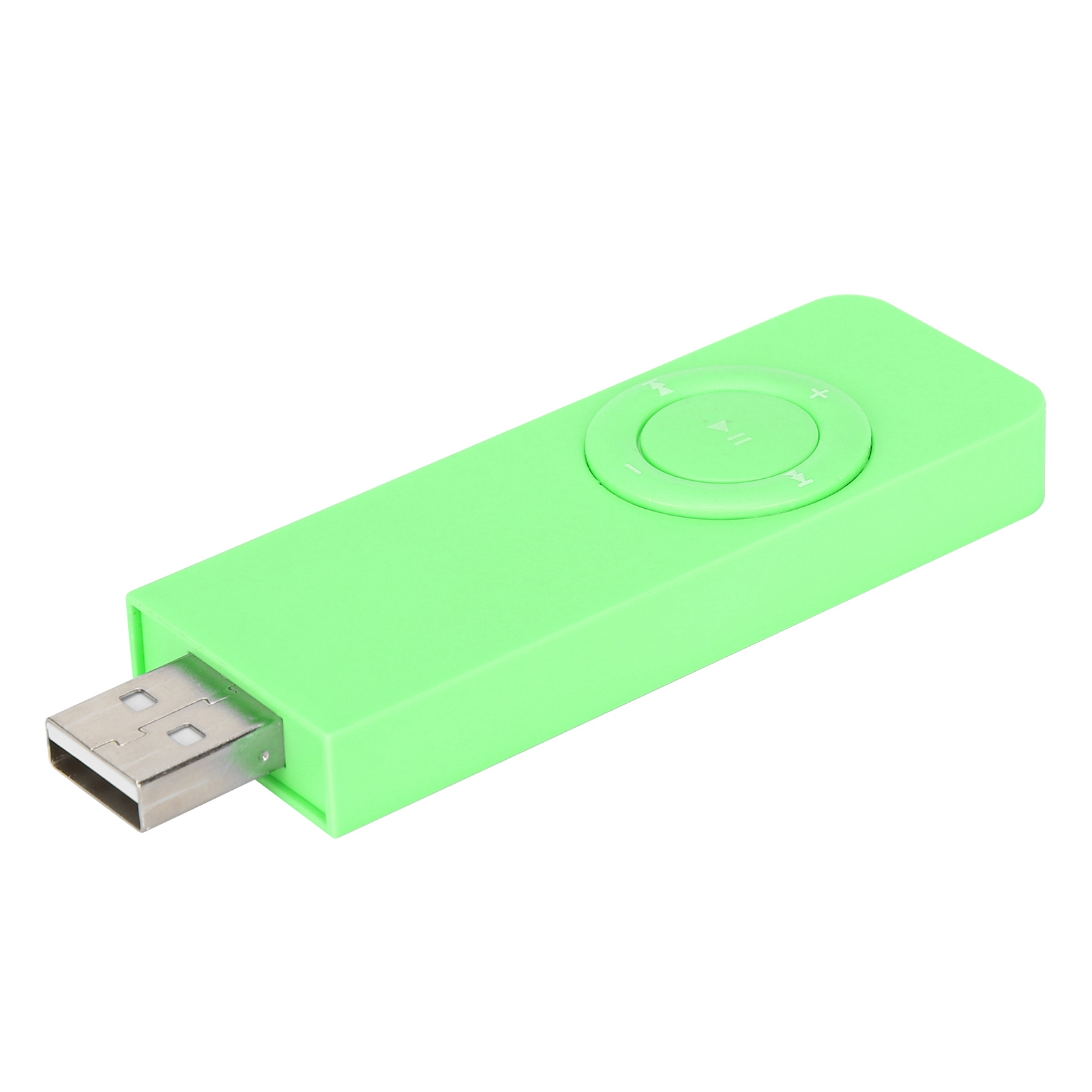 Ein hellgrüner USB-MP3-Player mit runden Bedienelementen.