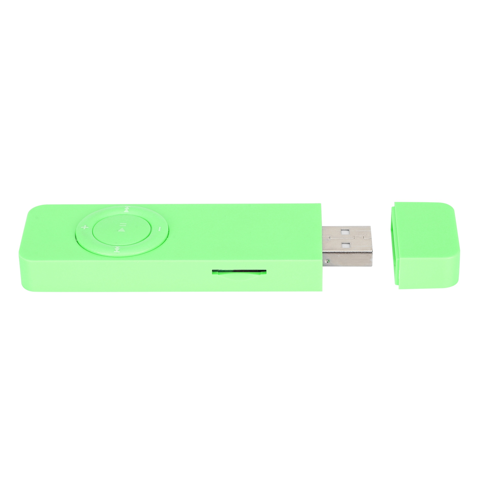 Ein hellgrüner MP3-Player mit USB-Anschluss und abnehmbarer Kappe.