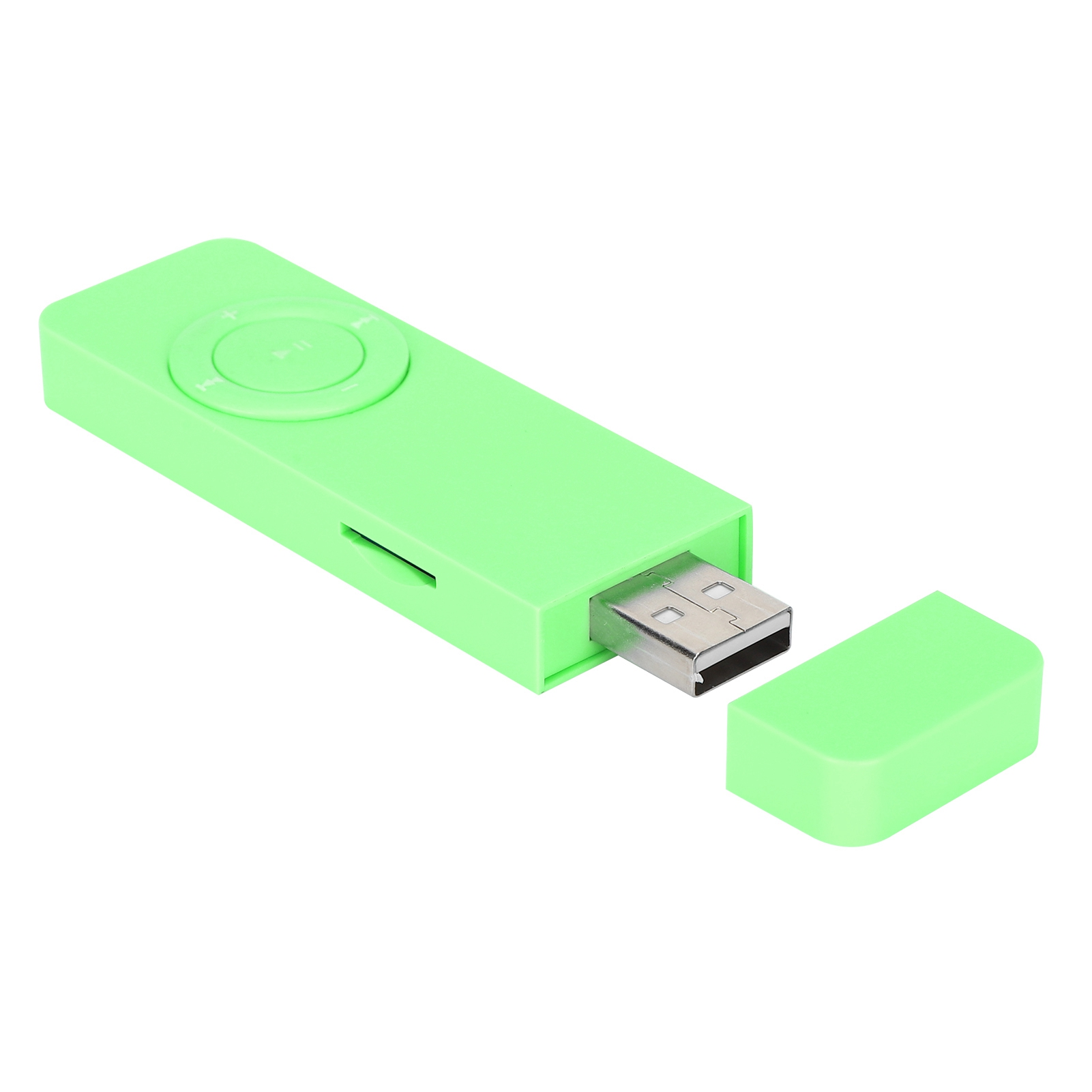 Ein hellgrüner USB-Stick mit einer Kappe, die daneben liegt.