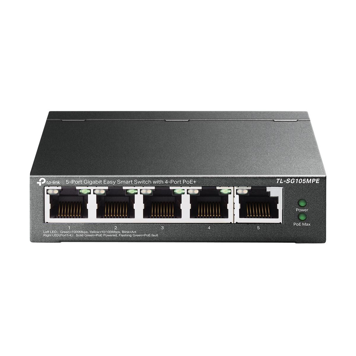 Ein grauer TP-Link 5-Port Gigabit Switch mit 4-Port PoE+ und mehreren Anschlüssen.