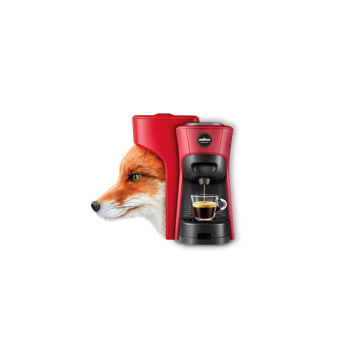 Un zorro asoma junto a una cafetera Lavazza roja.