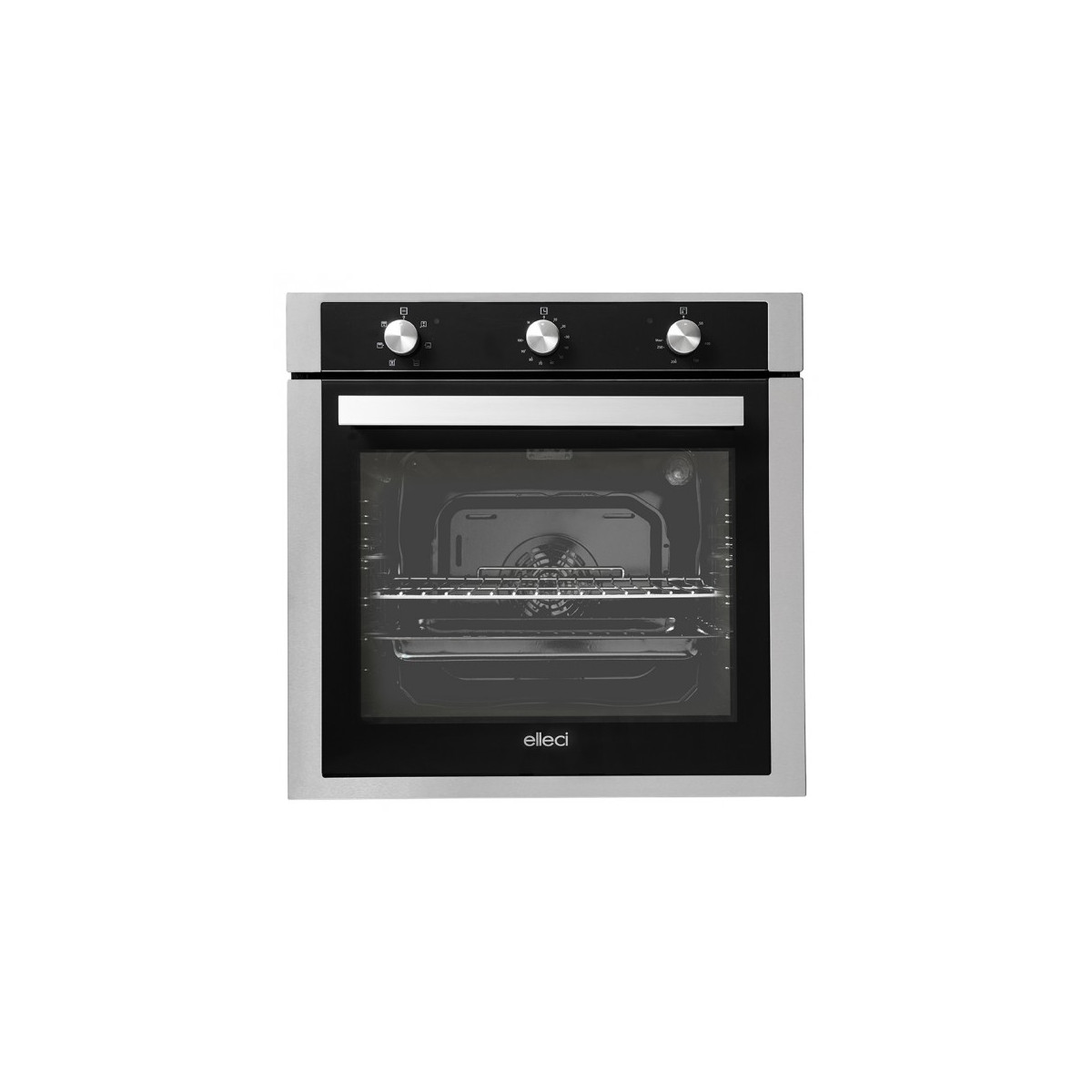 Un forno da incasso argento con porta in vetro nero e tre manopole.