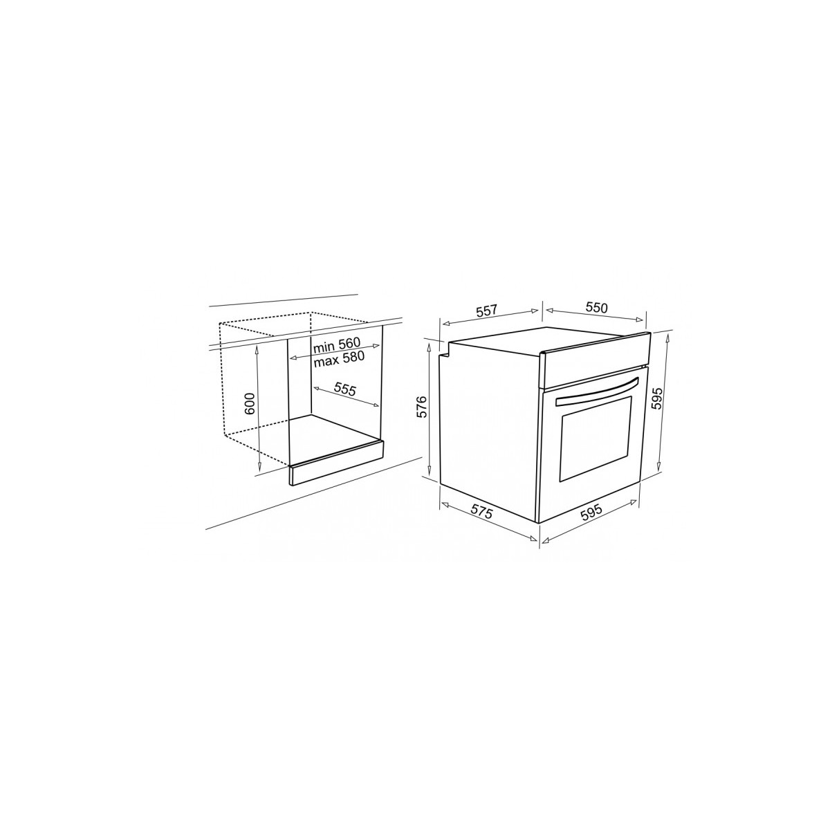 Disegno tecnico di un forno da incasso con dimensioni.
