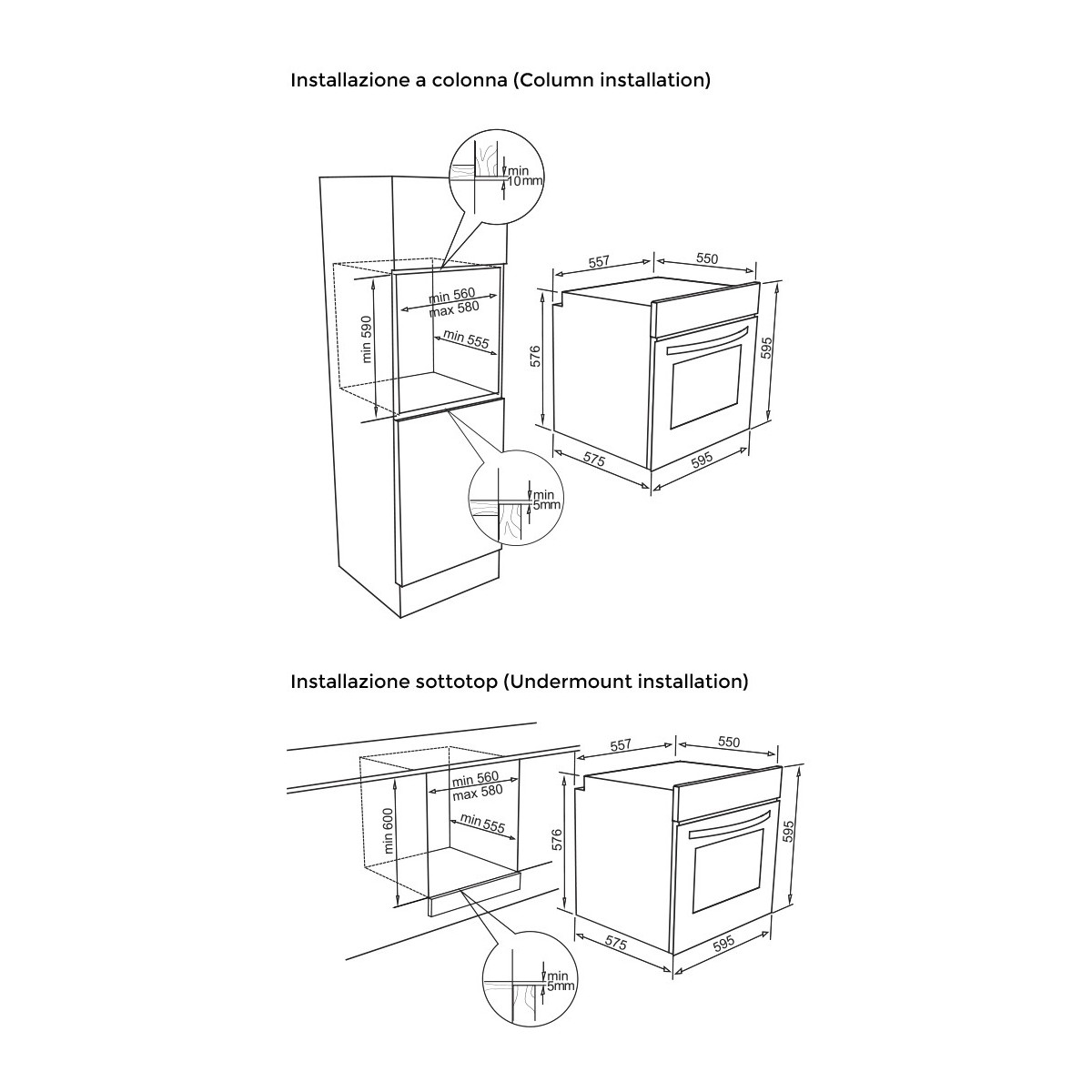 Disegno tecnico di un forno da incasso in due varianti di installazione: a colonna e sottotop.