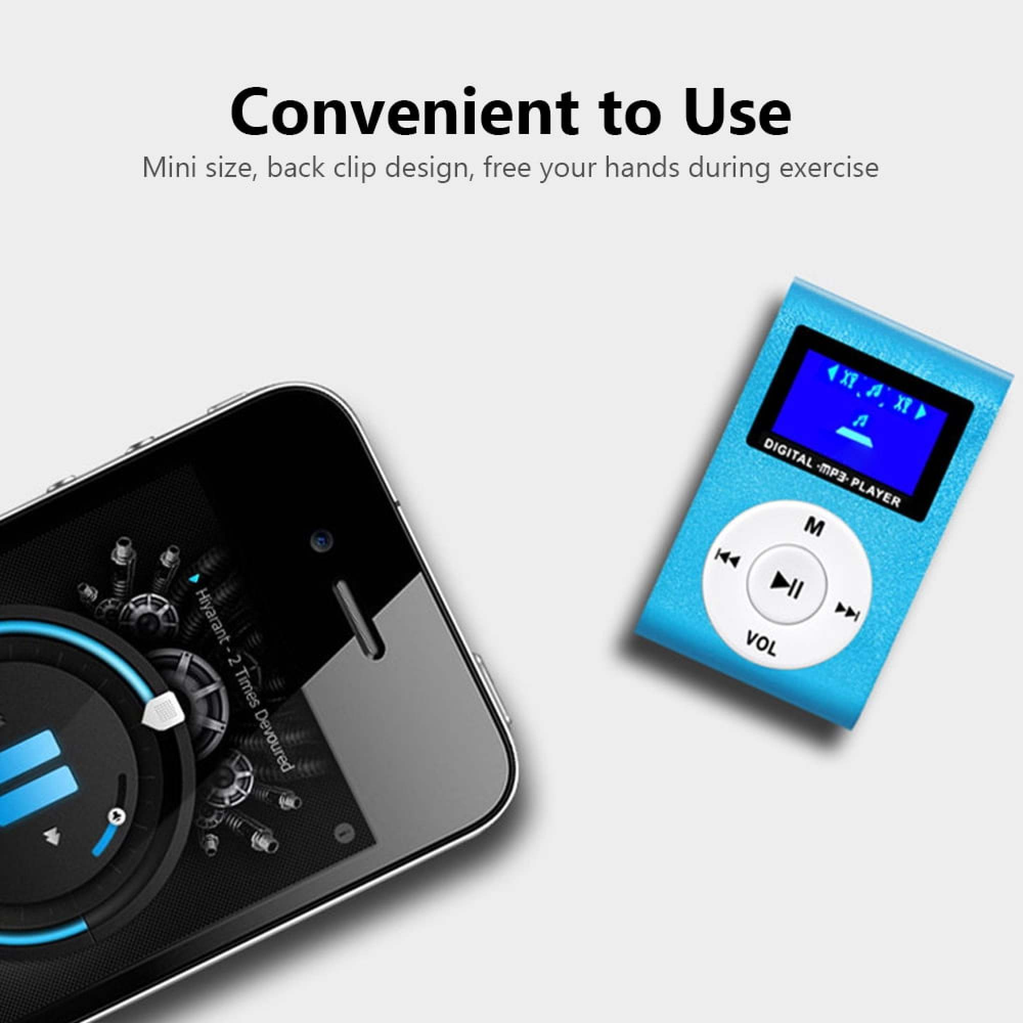 Ein blauer MP3-Player und ein Smartphone liegen nebeneinander auf hellem Grund.