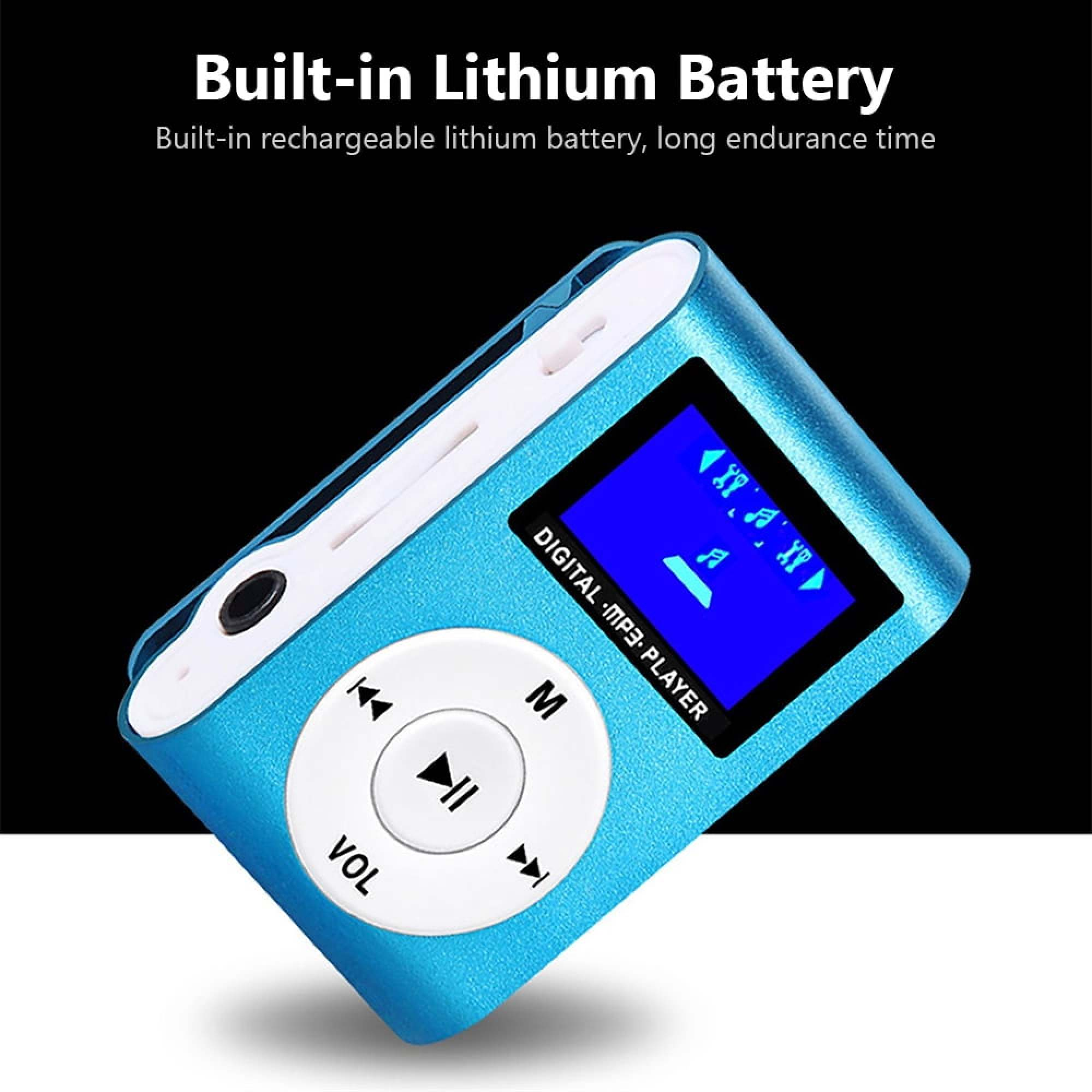 Ein blauer digitaler MP3-Player mit blauer Displayanzeige und Steuertasten.