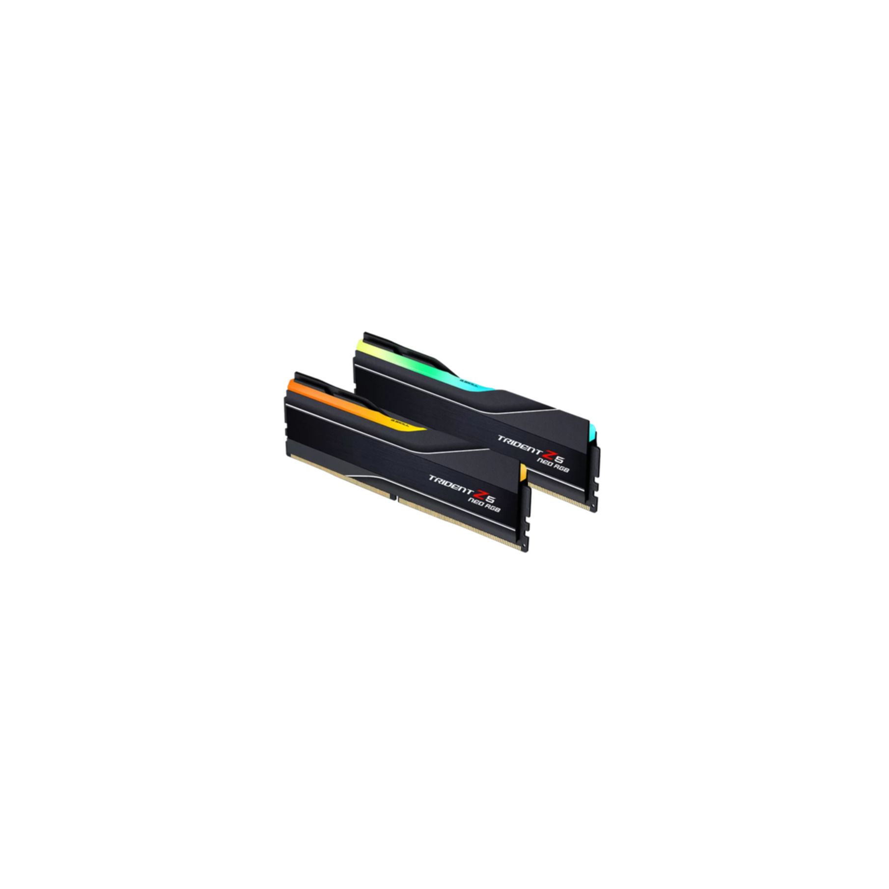 Due RAM Trident Z5 Neo RGB nere con illuminazione colorata. Una ha luci arancioni e verdi.