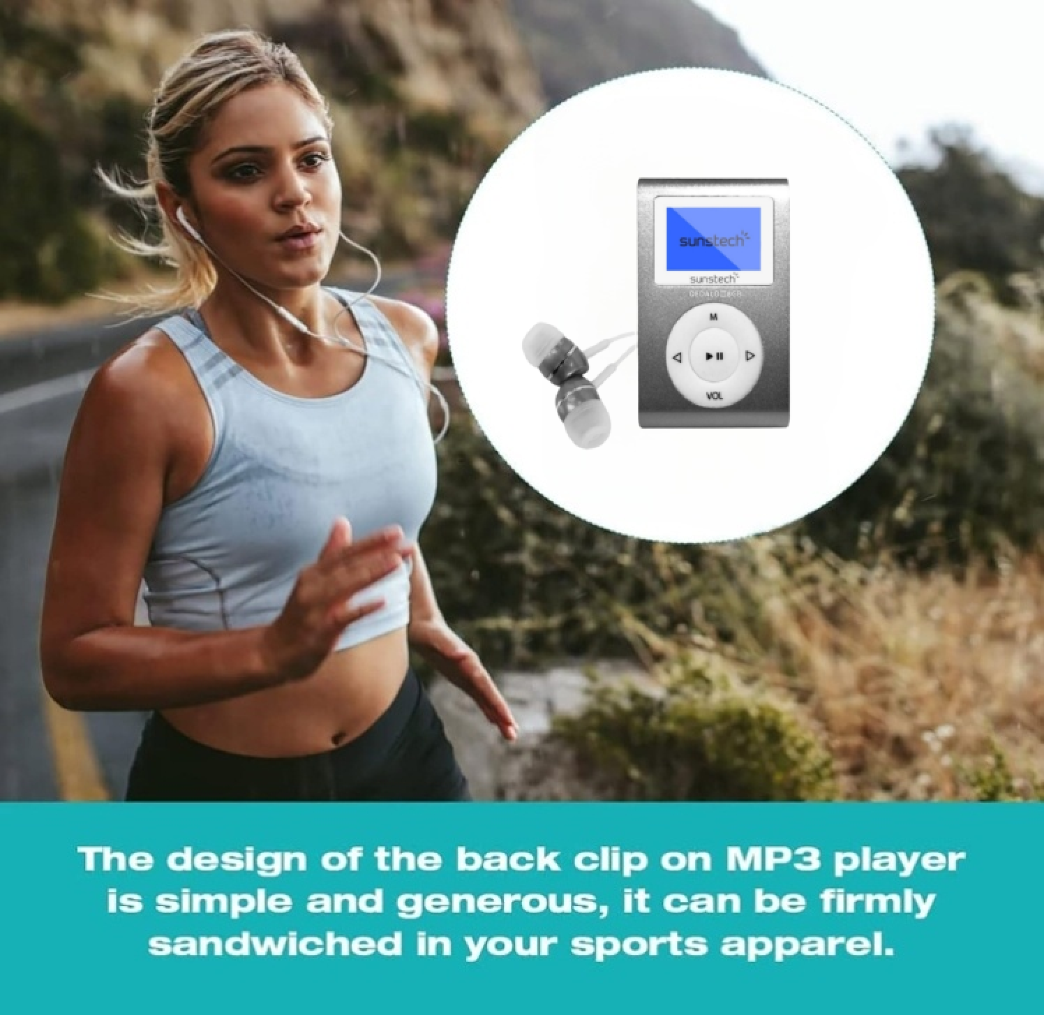 Eine Frau läuft draußen mit weißen Ohrhörern, ein silberner MP3-Player wird gezeigt.
