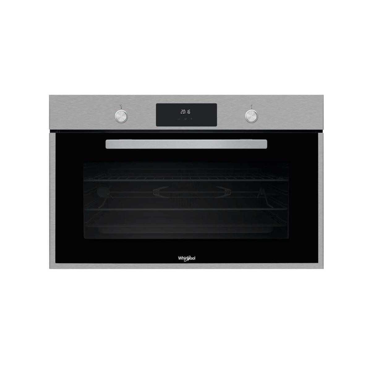 Un moderno horno empotrable de acero inoxidable con puerta negra y pantalla digital.
