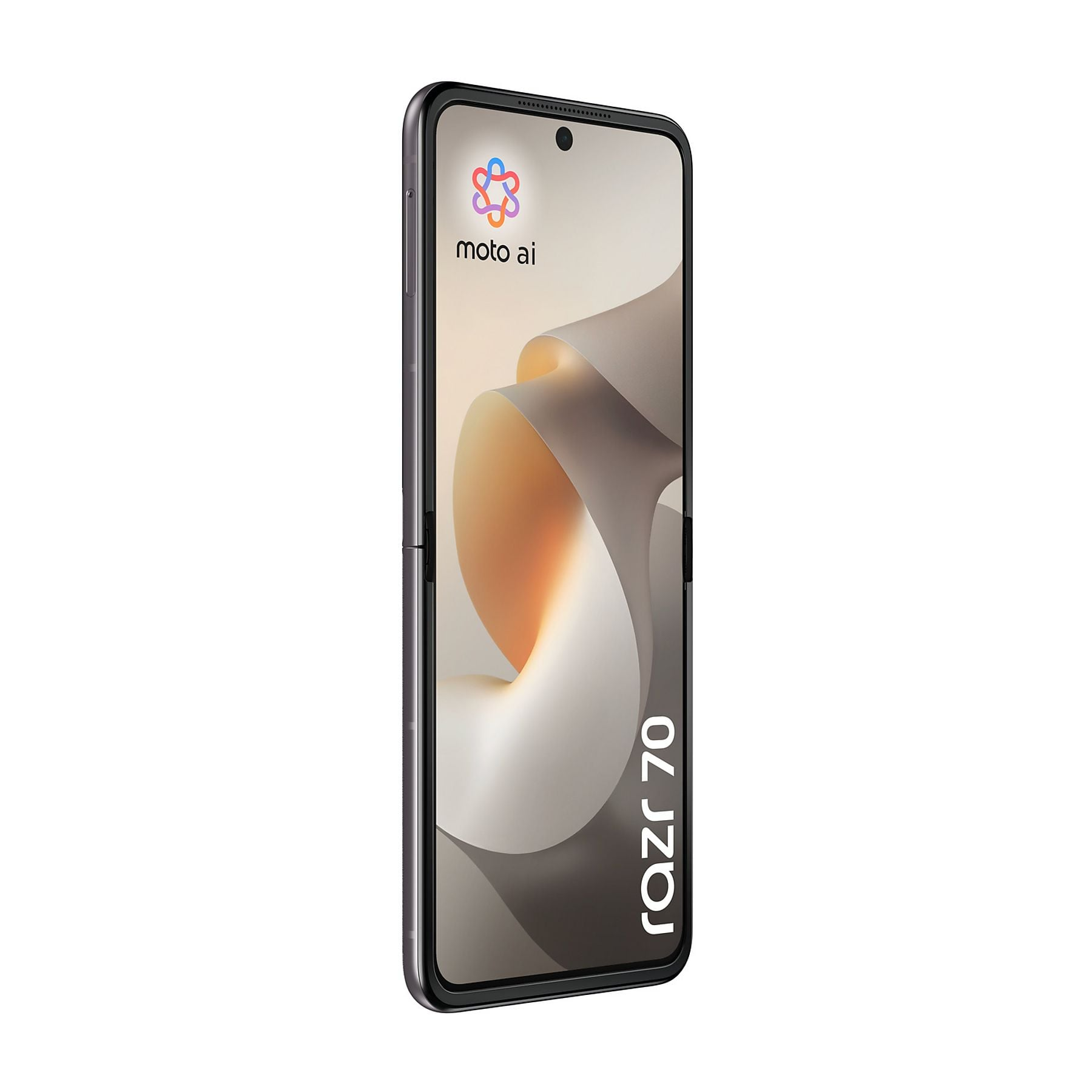 Ein graues Motorola Razr 70 Smartphone mit geschlossenem Bildschirm.