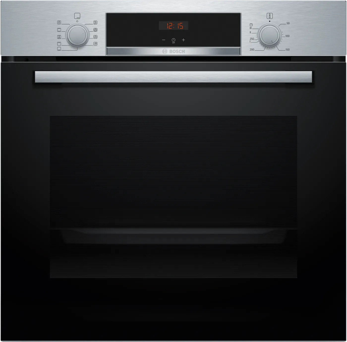 Un moderno forno Bosch con pannello di controllo argentato e porta in vetro nero.