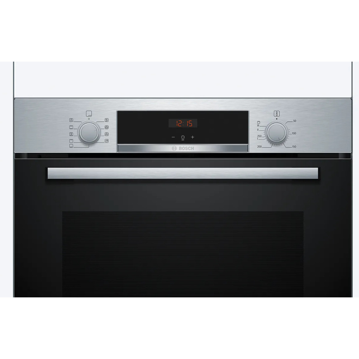 Forno da incasso in acciaio inox con porta nera e display digitale.