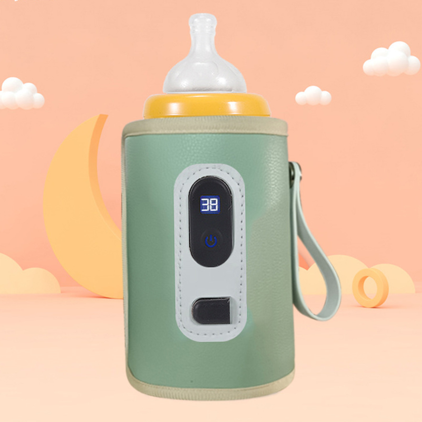 Ein grüner Flaschenwärmer mit gelbem Kragen und digitaler Anzeige bei 38 Grad.