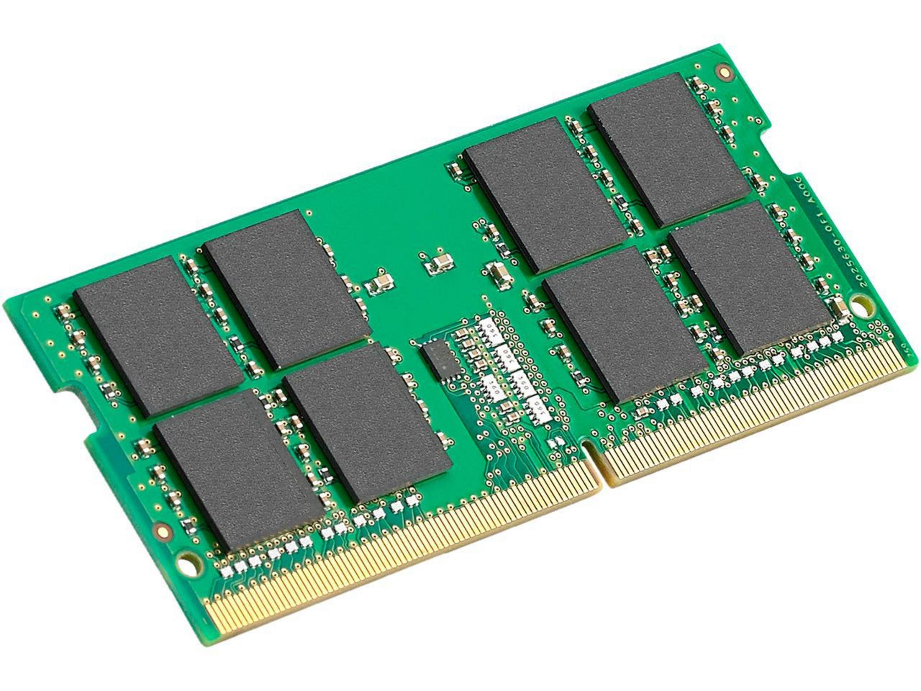 Un modulo RAM verde con otto chip di memoria neri e contatti dorati.