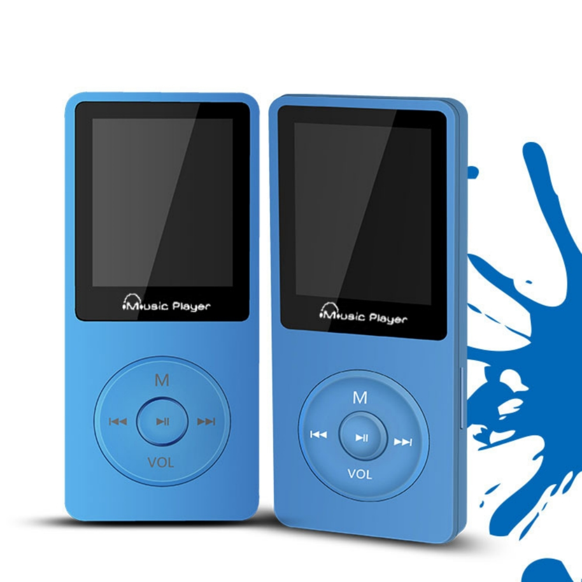Zwei blaue MP3-Player nebeneinander, mit schwarzen Bildschirmen und Bedienelementen.