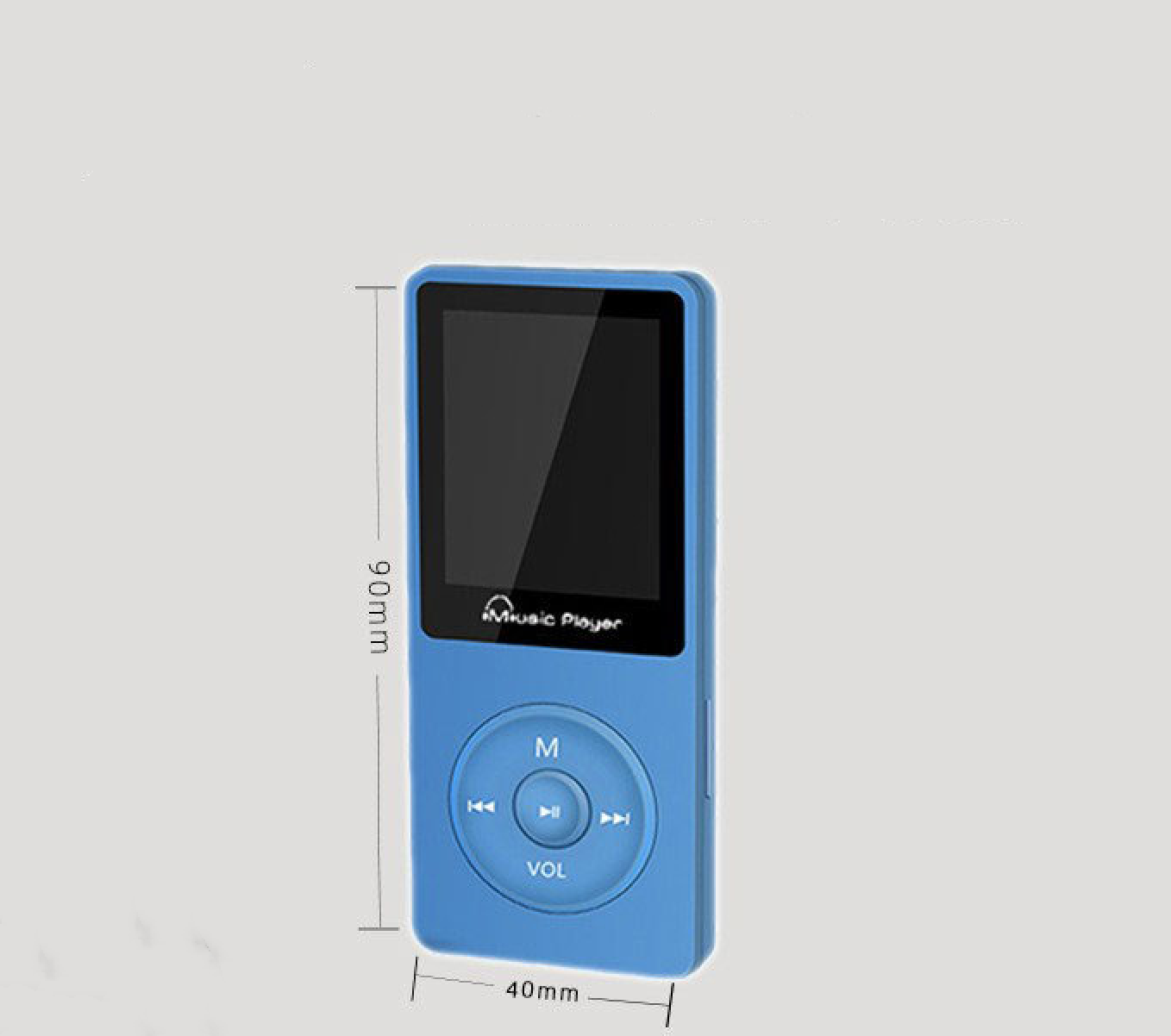 Ein blauer Musik-Player mit Bildschirm und Bedienelementen.