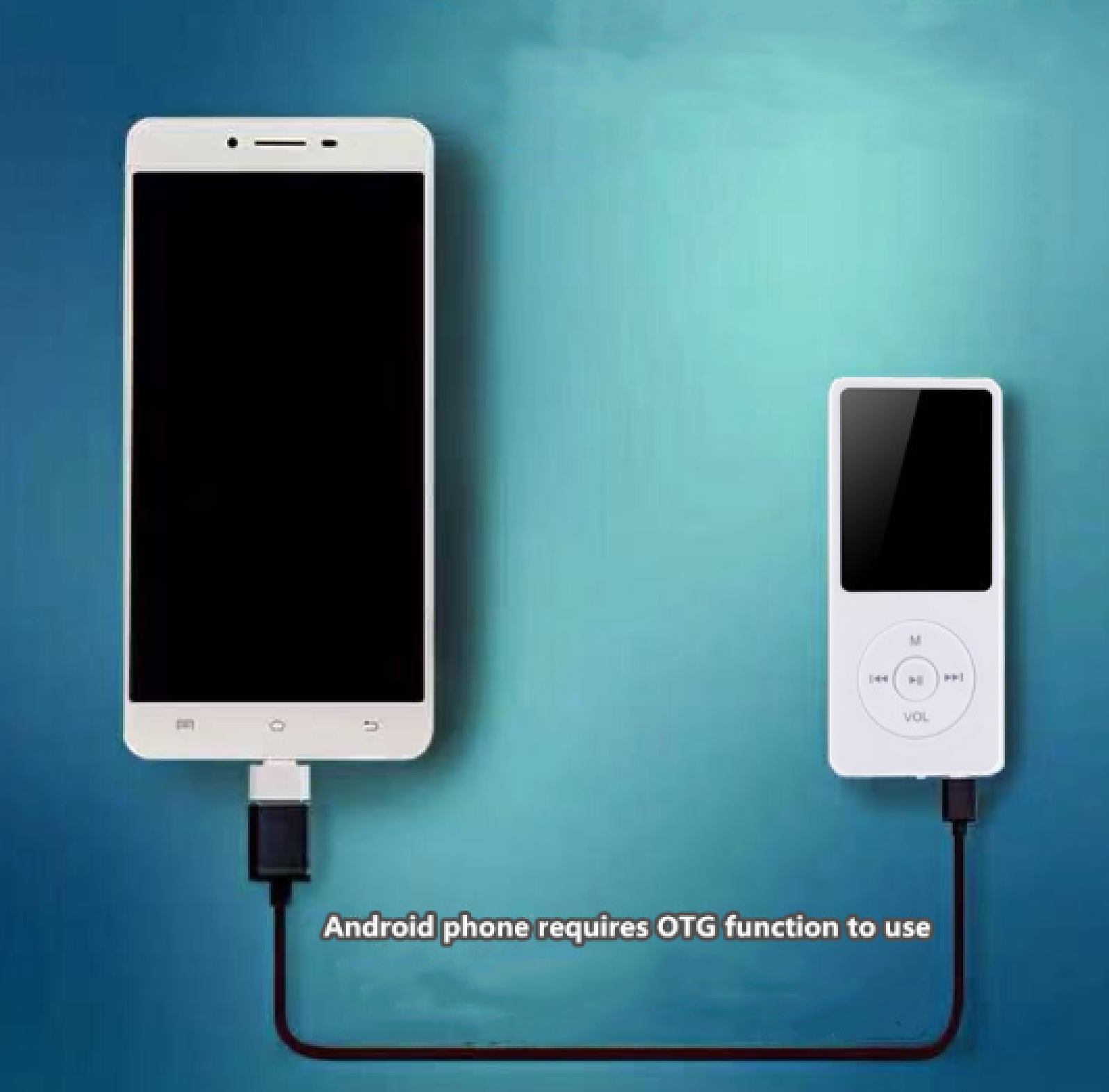 Ein weißes Smartphone ist über ein schwarzes Kabel mit einem weißen MP3-Player verbunden.
