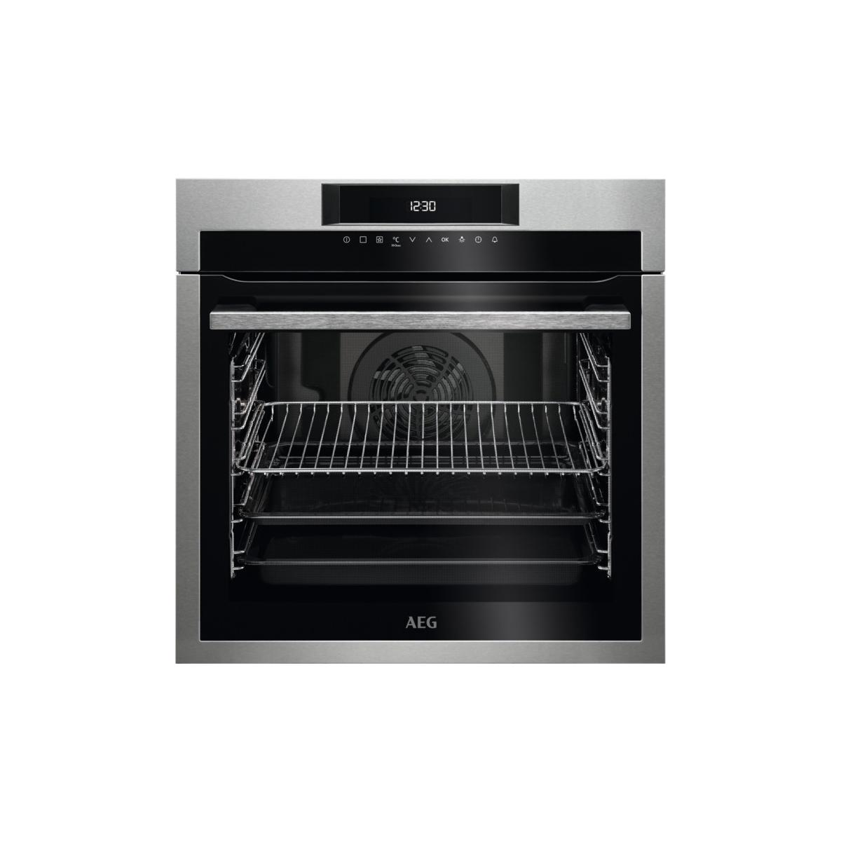 A modern AEG oven with a silver front, black glass door, and digital display.