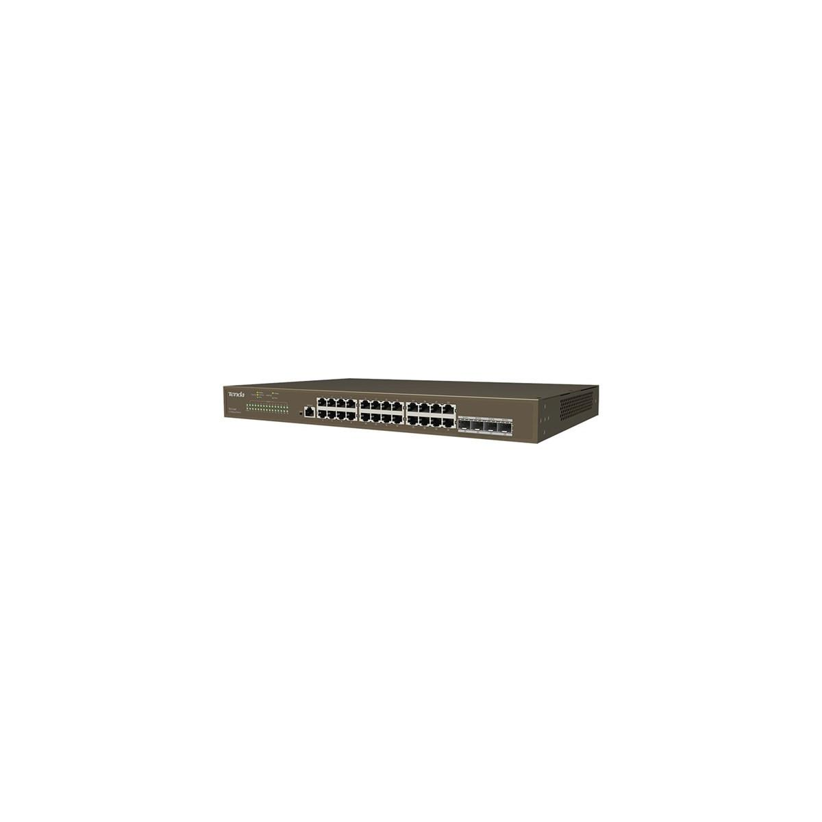 Uno switch di rete a 24 porte grigio con porte sul davanti.