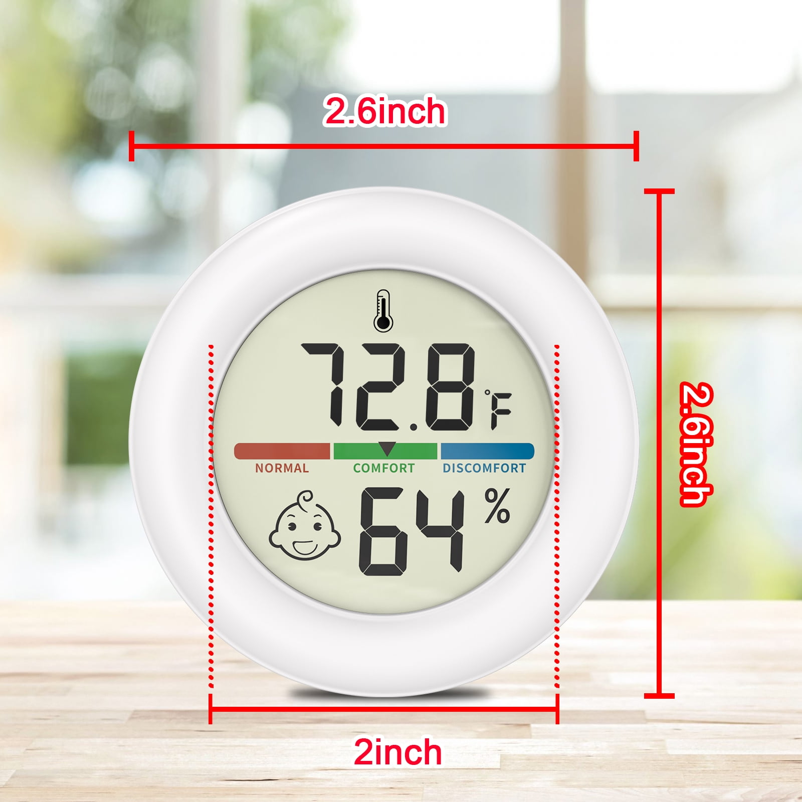 Ein digitaler Thermometer/Hygrometer zeigt 72,8°F und 64% Luftfeuchtigkeit an.