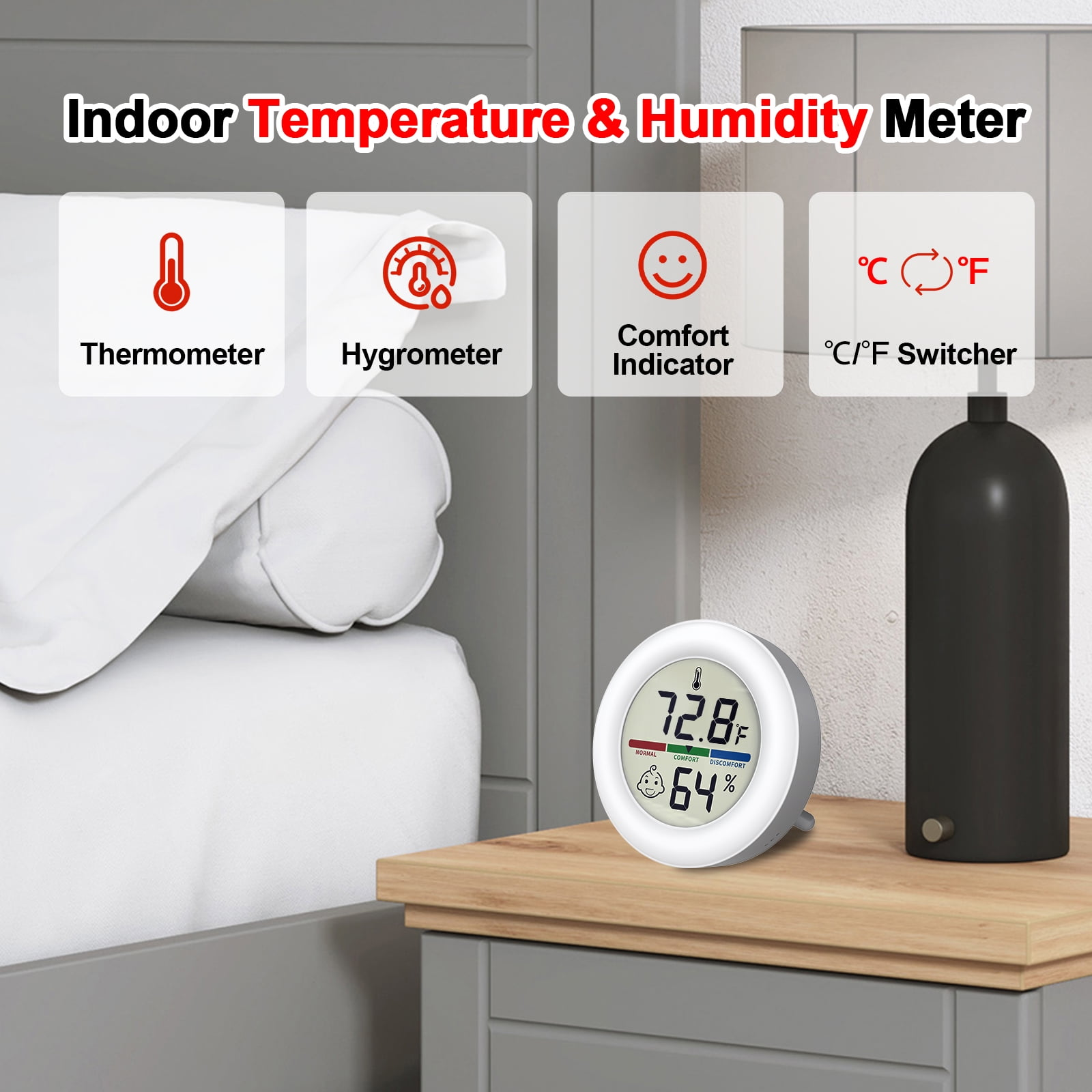 Ein digitales Thermometer zeigt 72,8F und 64% Luftfeuchtigkeit an.