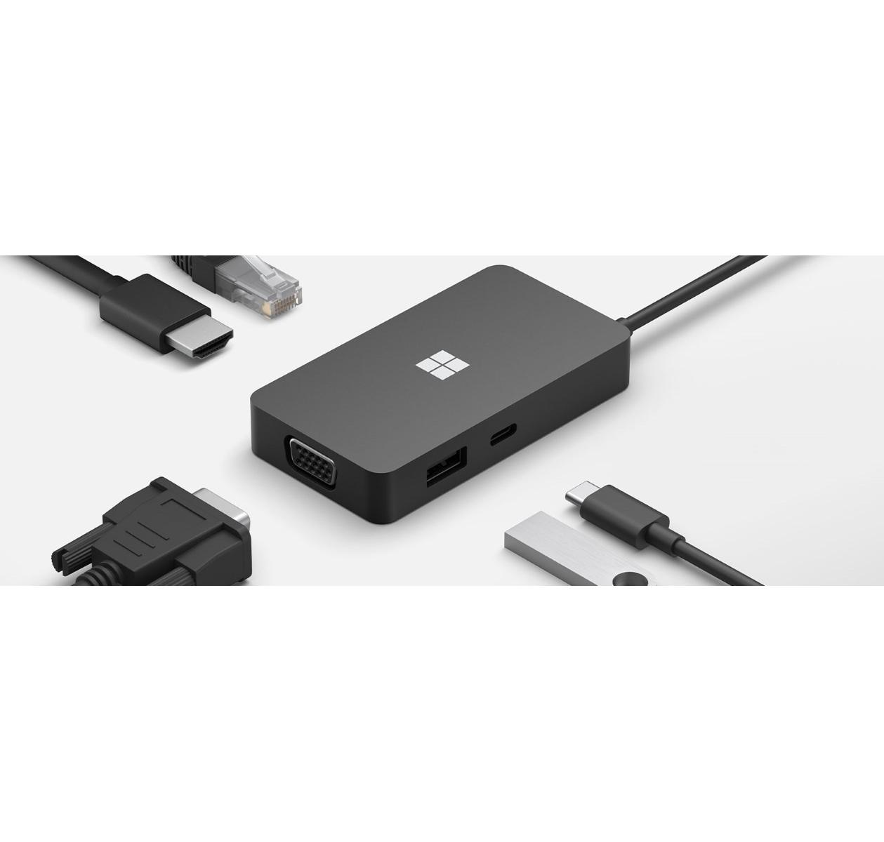 Dock de Microsoft Surface con puertos HDMI, VGA, USB-A, USB-C y Ethernet.