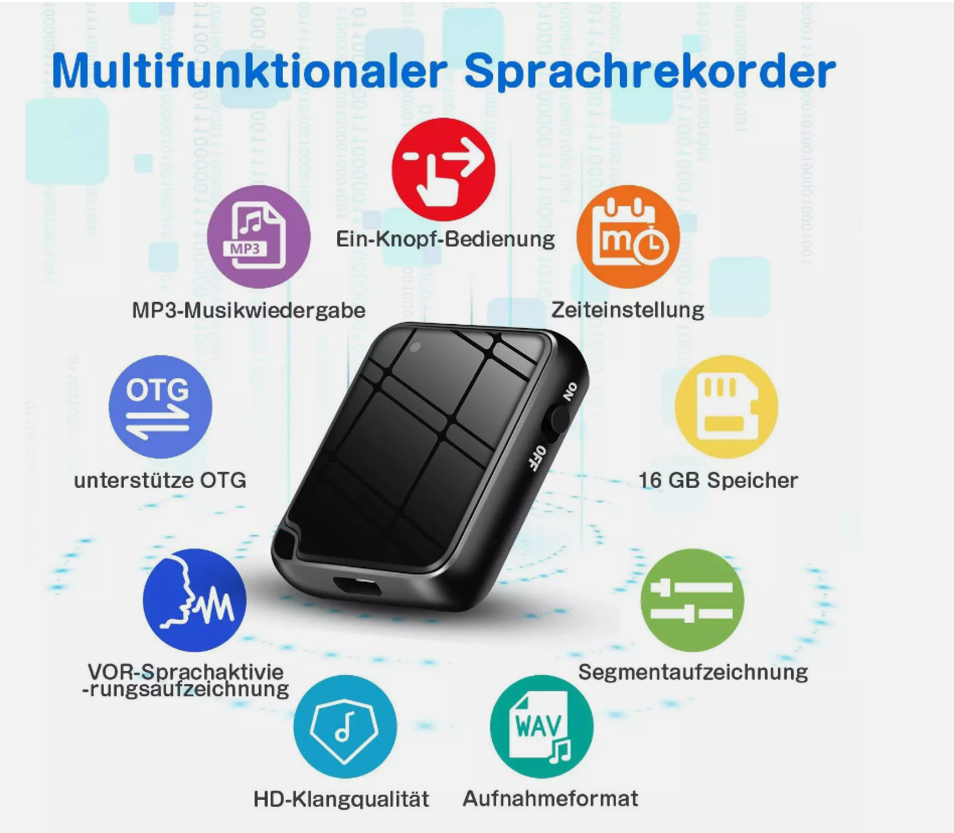 Schwarzer Sprachrekorder mit Symbolen für MP3, OTG, Zeit, Speicher, Aufnahme und Klang.