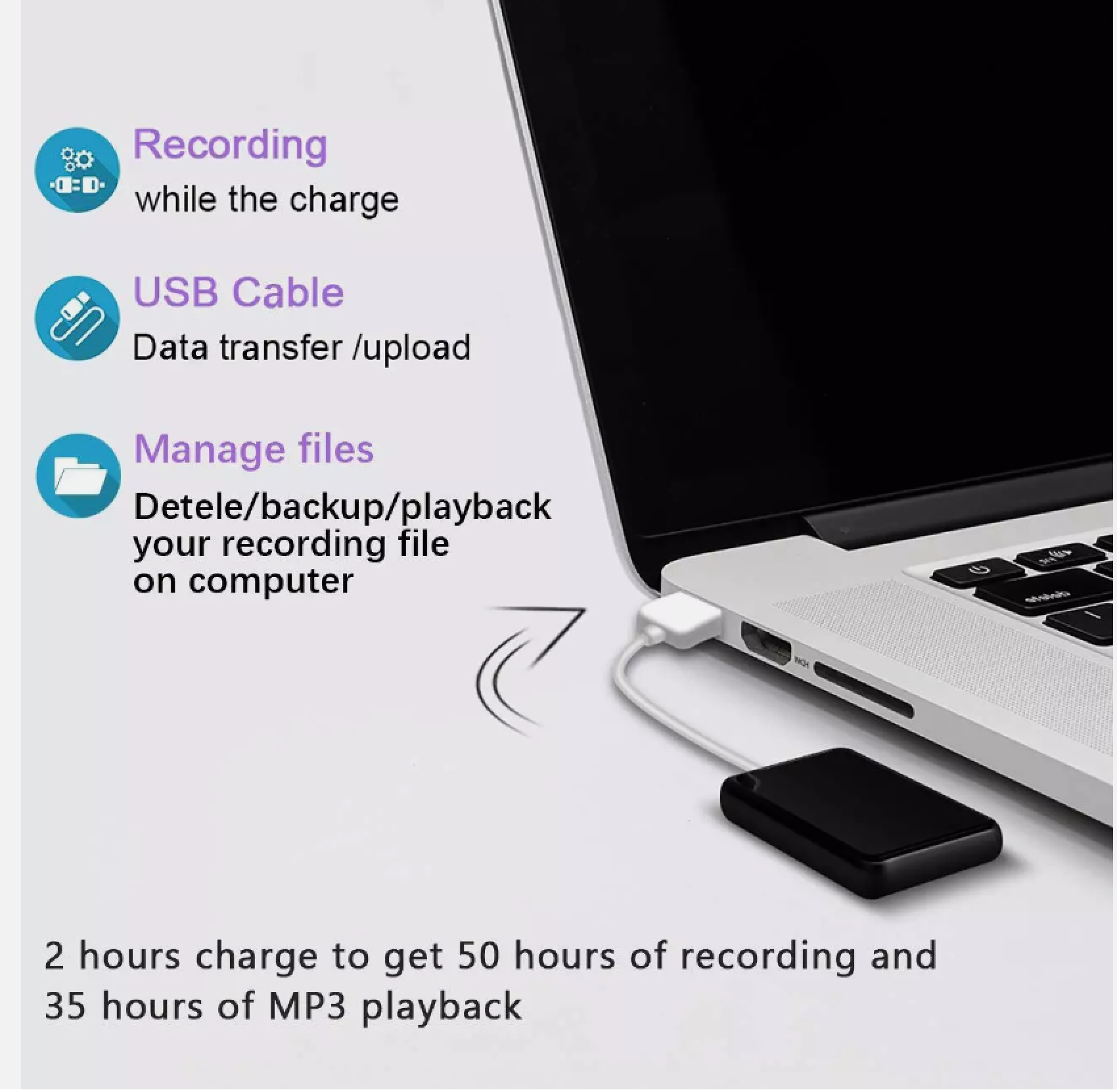 Ein schwarzes Aufnahmegerät ist mit einem Laptop über ein USB-Kabel verbunden.