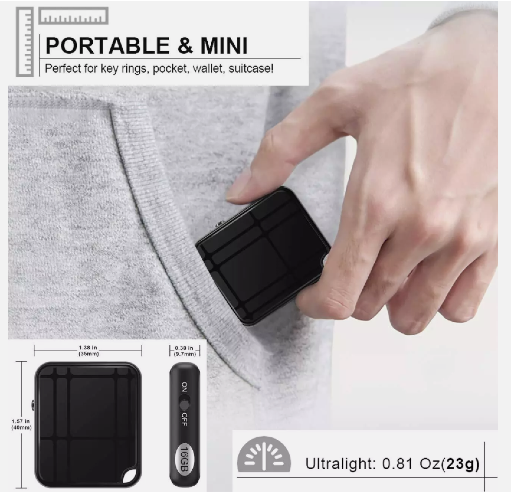 Ein schwarzes, kleines, rechteckiges Gerät wird von einer Hand gehalten, das in einer Tasche steckt.