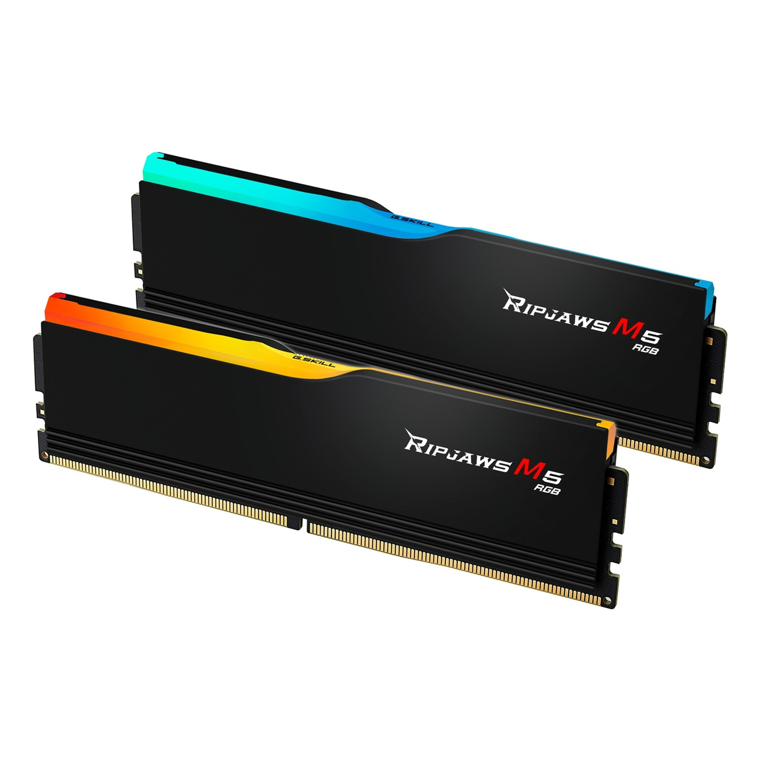 Mavi ve turuncu/sarı RGB aydınlatmalı iki siyah RAM modülü.