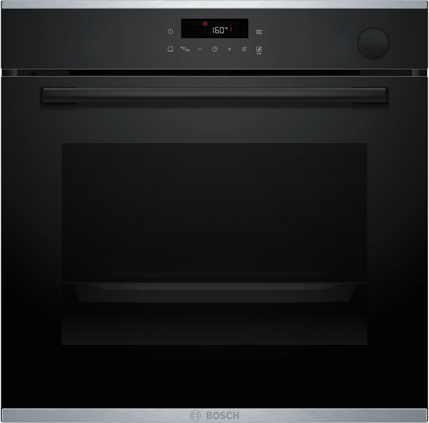 Forno Bosch nero con display digitale e maniglia argentata.