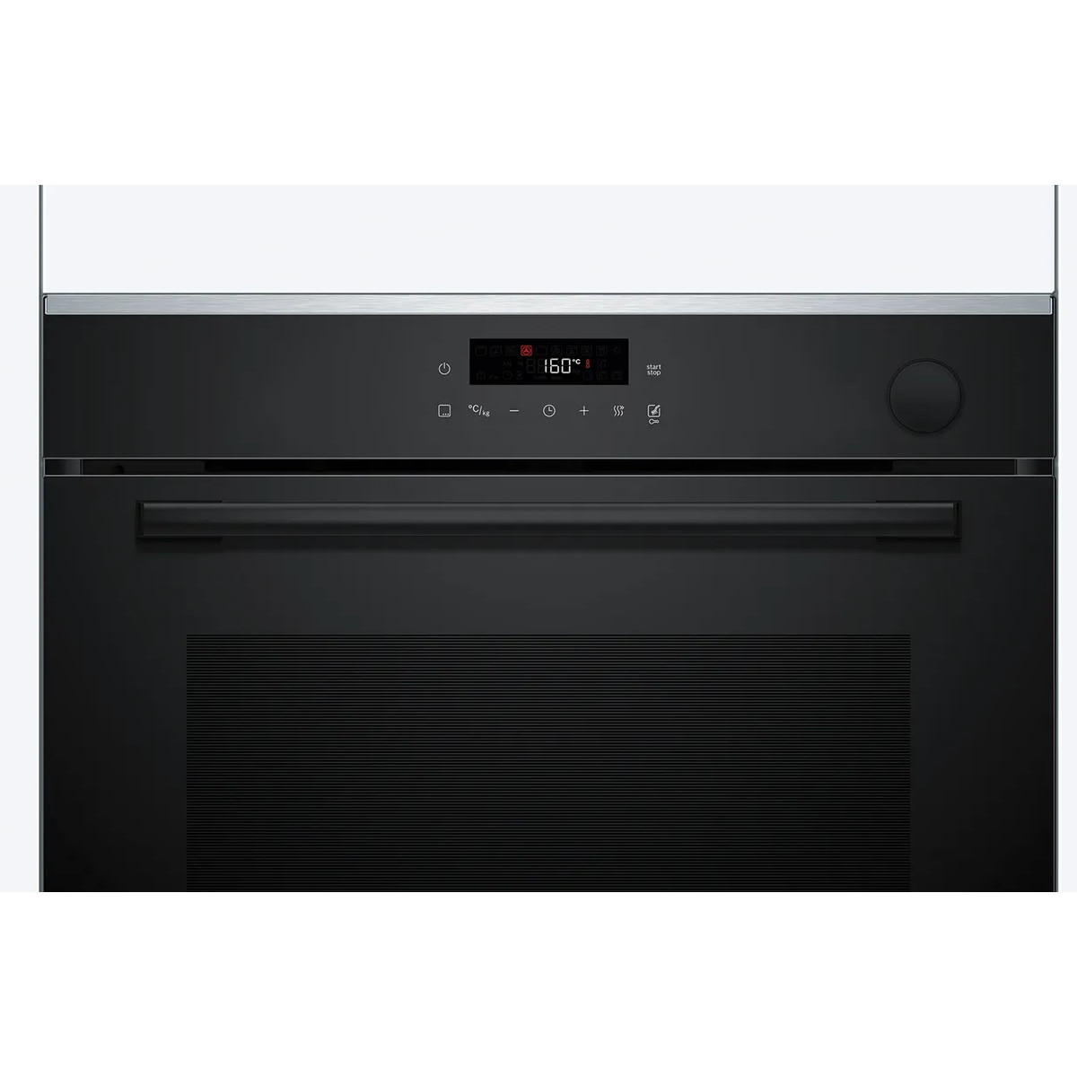 Un moderno forno nero con display digitale che mostra 160 gradi.