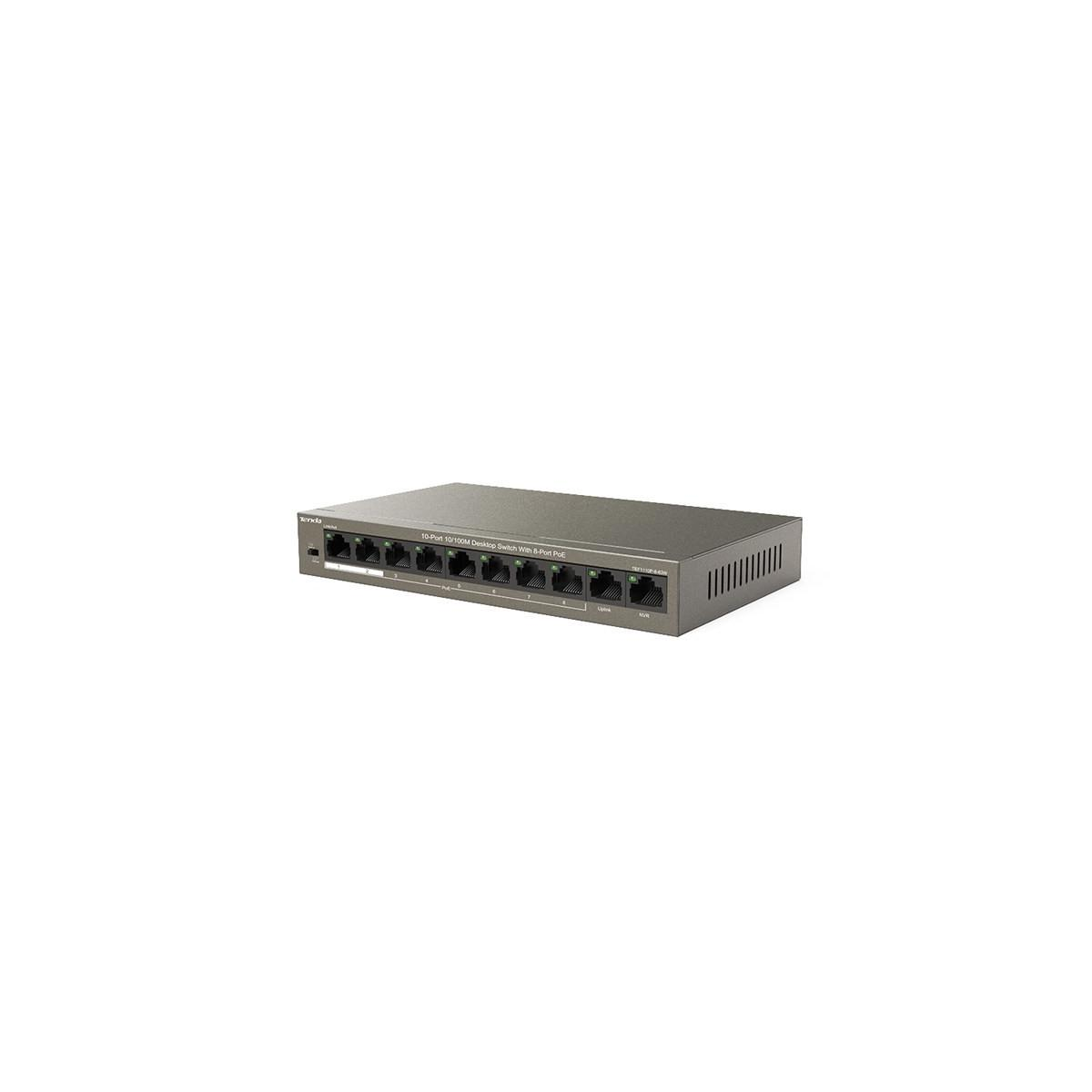 Viene mostrato uno switch desktop grigio a 10 porte 10/100M con 8 porte PoE.
