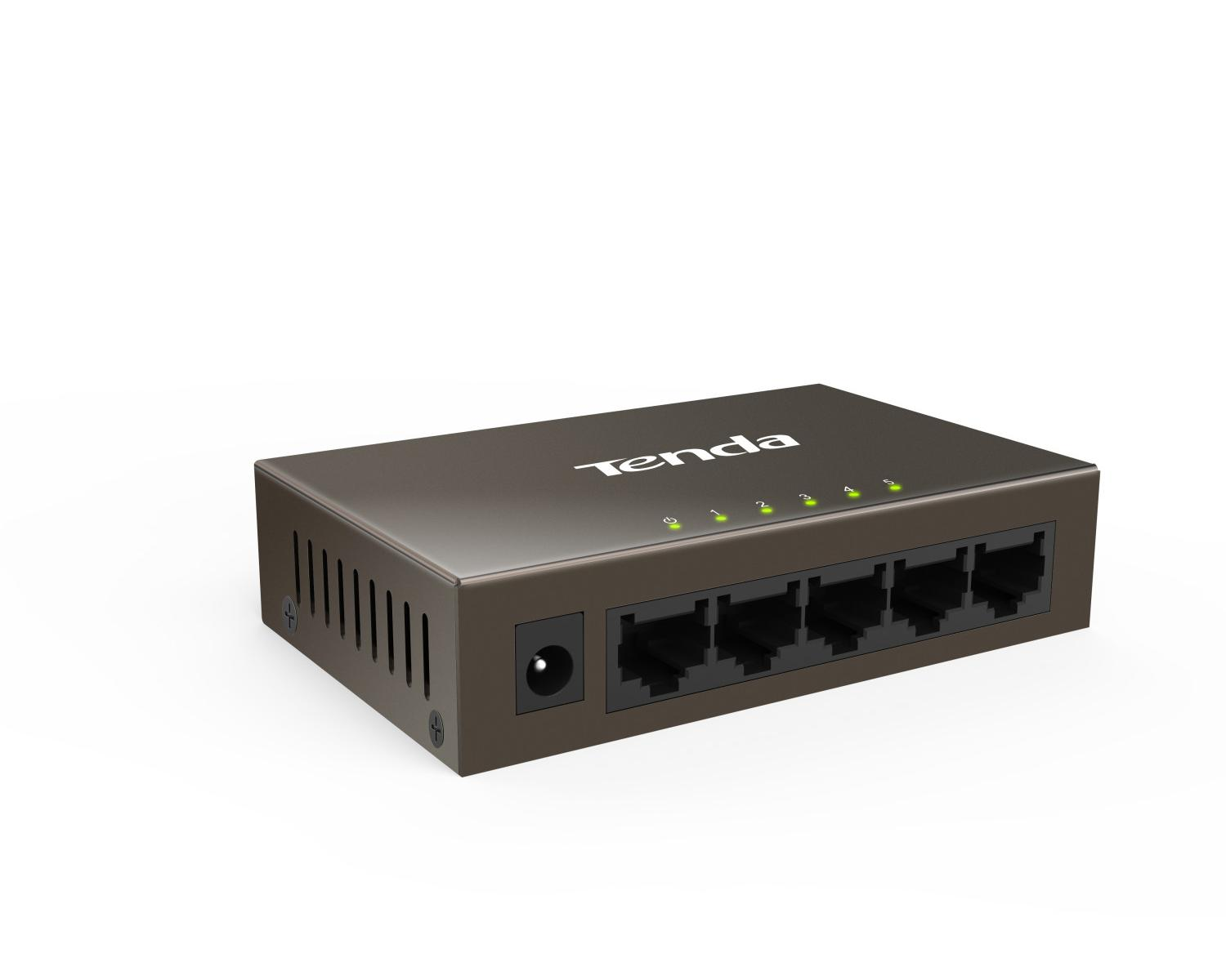 Ethernet portlu ve yeşil gösterge ışıklı kahverengi 5 portlu ağ anahtarı.