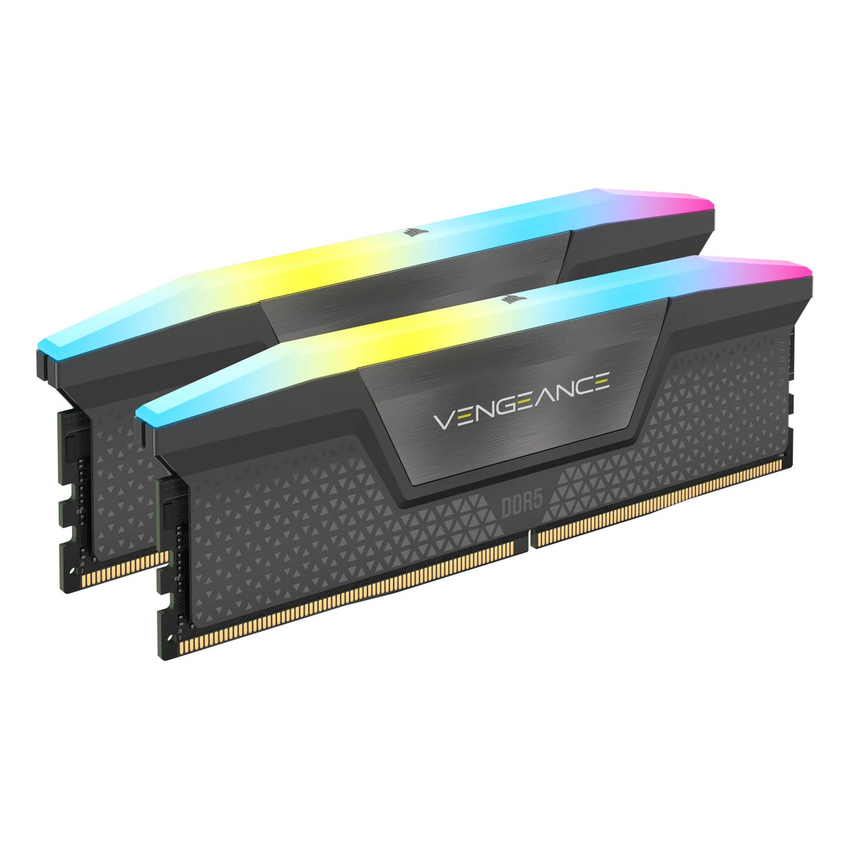 Zwei DDR5 RAM-Module mit RGB-Beleuchtung und "VENGEANCE"-Logo auf weißem Hintergrund.