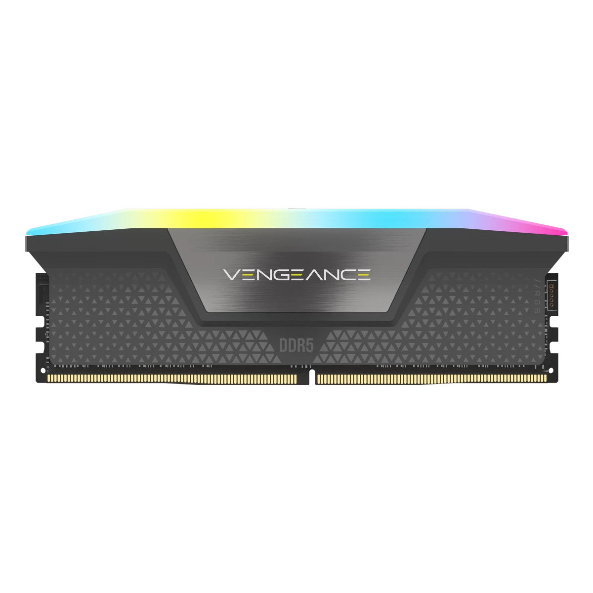 Ein DDR5 RAM-Riegel mit RGB-Beleuchtung und dem Vengeance-Logo.
