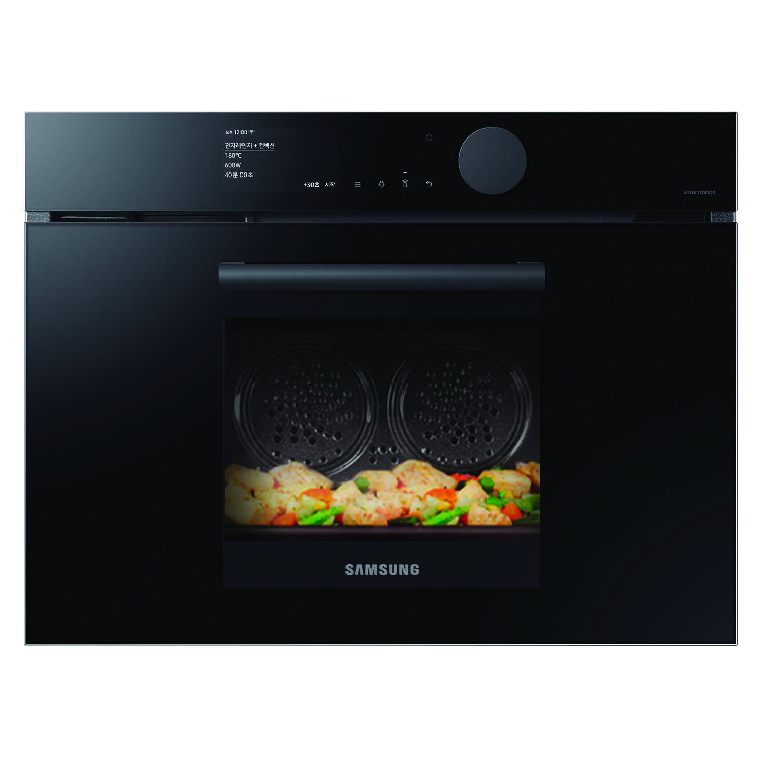 Forno Samsung nero con porta aperta che cucina cibo. Display touch screen.