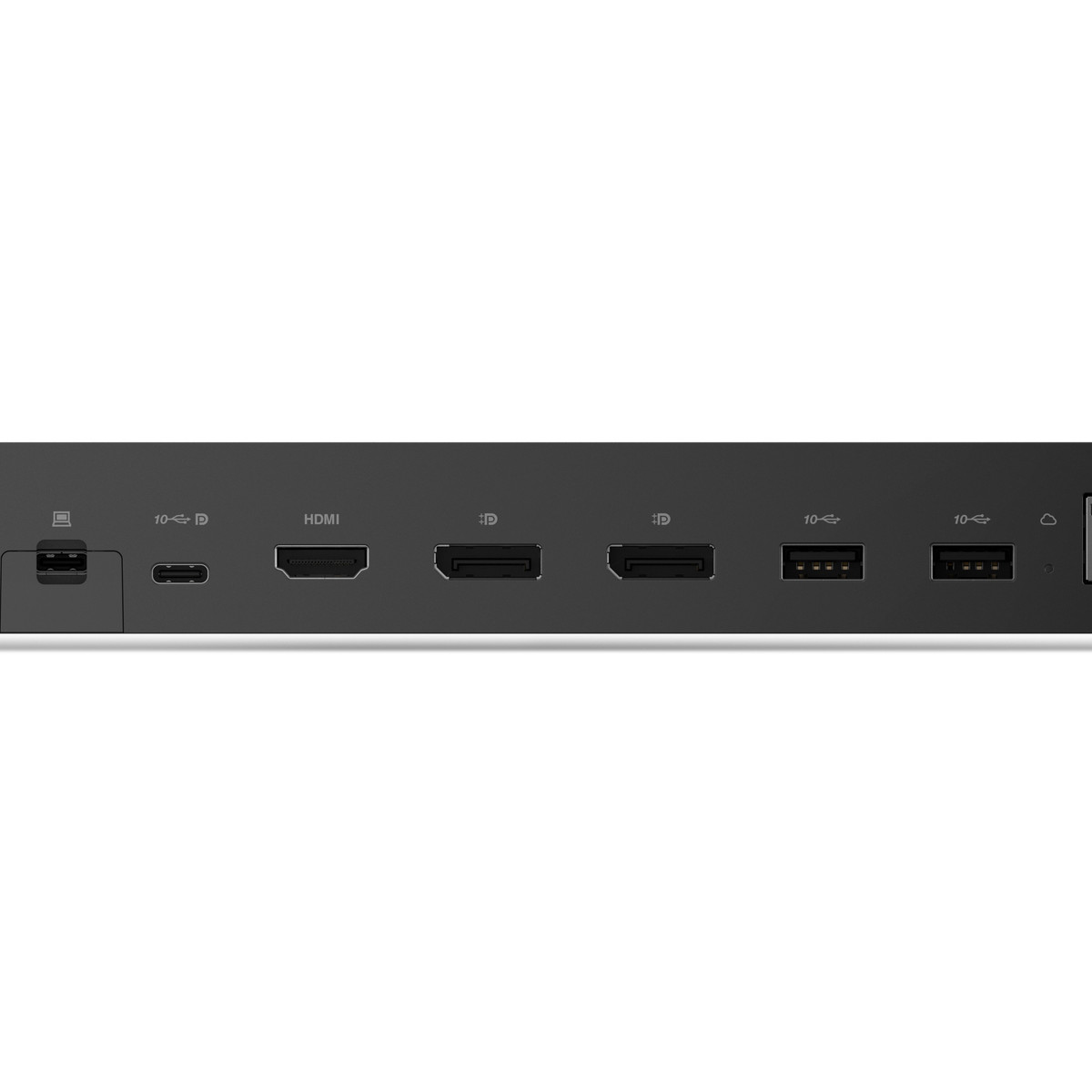 Eine schwarze Dockingstation mit mehreren Anschlüssen: USB-C, HDMI, DisplayPort und USB-A.